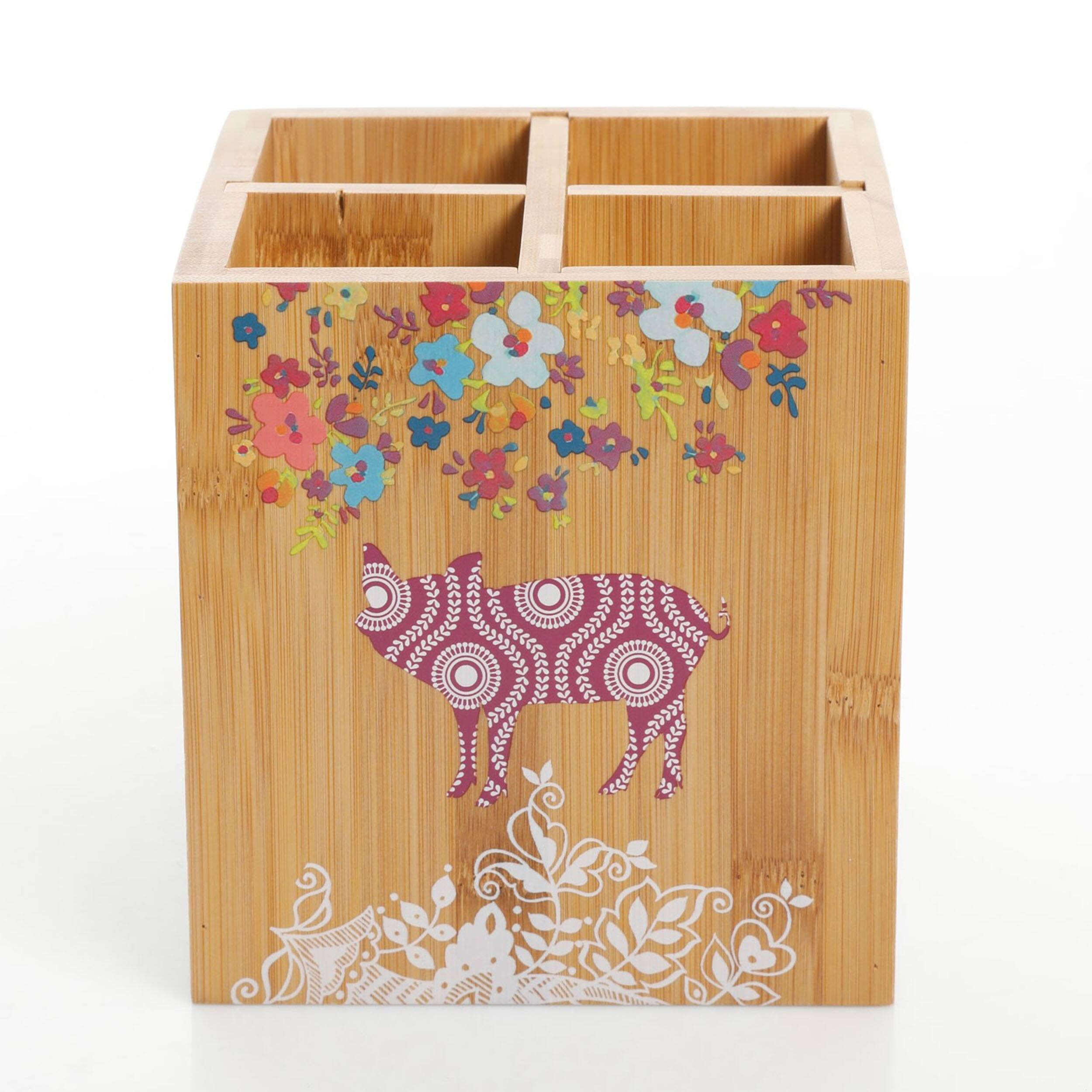 Alt View 3. Urban Market - Gibson Urban Market 5.5 Inch Square Bamboo Utensil Holder in Animal and Floral Print - Brown.