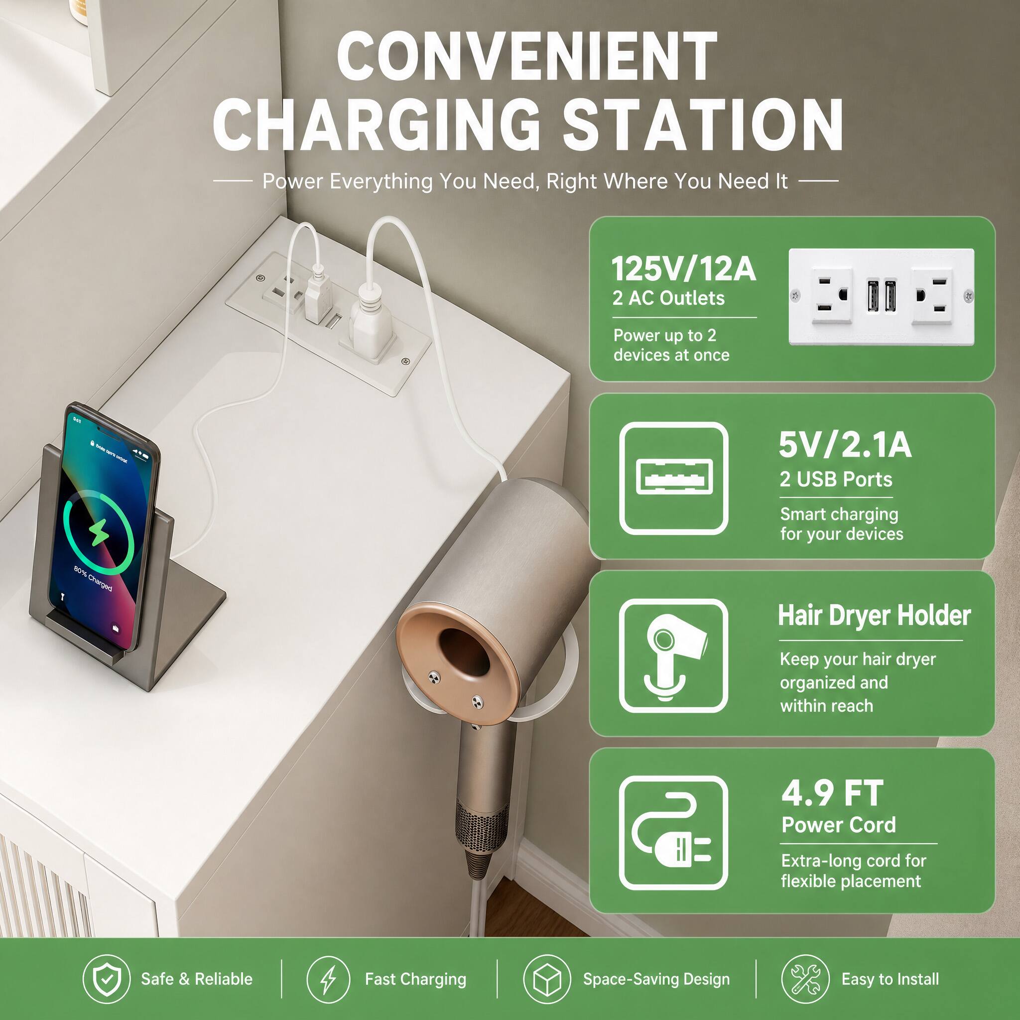 CONVENIENT CHARGING STATION  
Power Everything You Need, Right Where You Need It

- 125V/12A 2 AC Outlets  
  Power up to 2 devices at once

- 5V/2.1A 2 USB Ports  
  Smart charging for your devices

- Hair Dryer Holder  
  Keep your hair dryer organized and within reach

- 4.9 FT Power Cord  
  Extra-long cord for flexible placement

Safe & Reliable  
Fast Charging  
Space-Saving Design  
Easy to Install