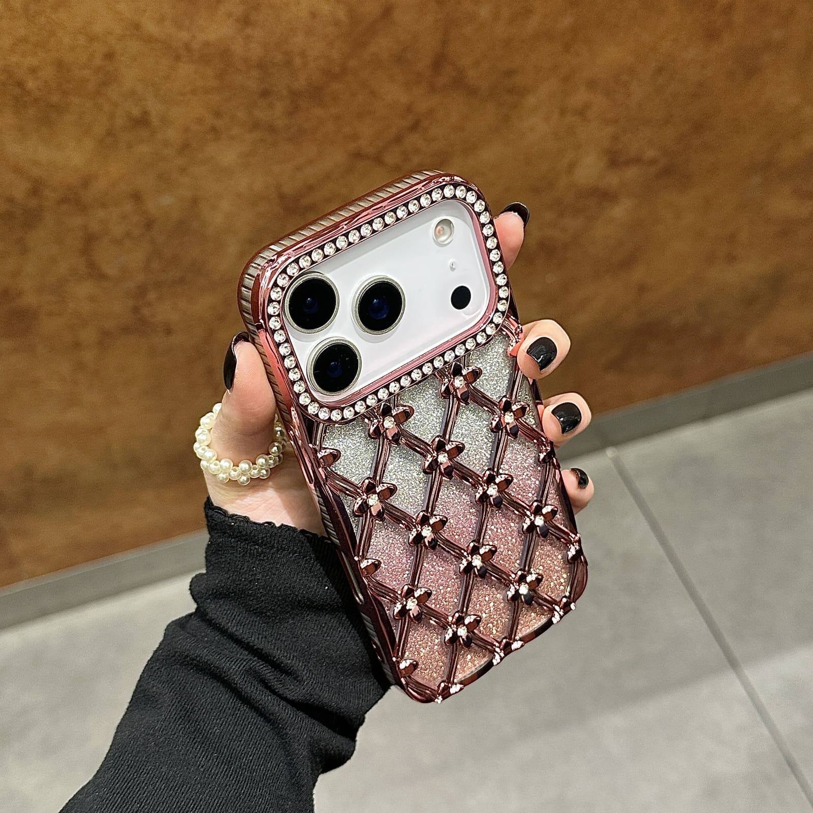 Alt View 5. UUCOVER - Luxury Electroplated Bling Glitter Case for Apple iPhone 18 Pro Max, Shockproof Sparkle Rhinestone Diamond Flower Cover - Pink.