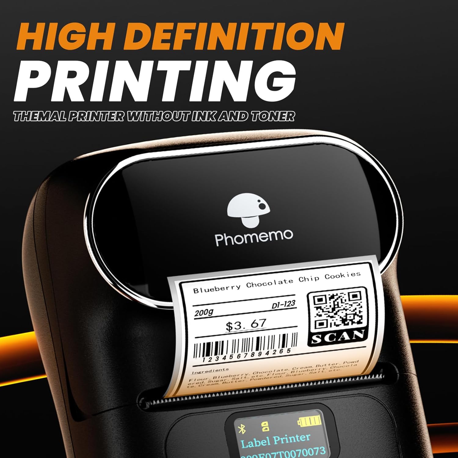 HIGH DEFINITION PRINTING  
THERMAL PRINTER WITHOUT INK AND TONER  

Phomemo  

Blueberry Chocolate Chip Cookies  
DI-123  
200g  
$3.67  

SCAN 1234567894266  

Ingredients: Chocolate, Flour, Blueberry, Cream, Butter, Powdered Sugar, Salt, Chocolate Chips  

Label Printer  
LAEO7T0070073