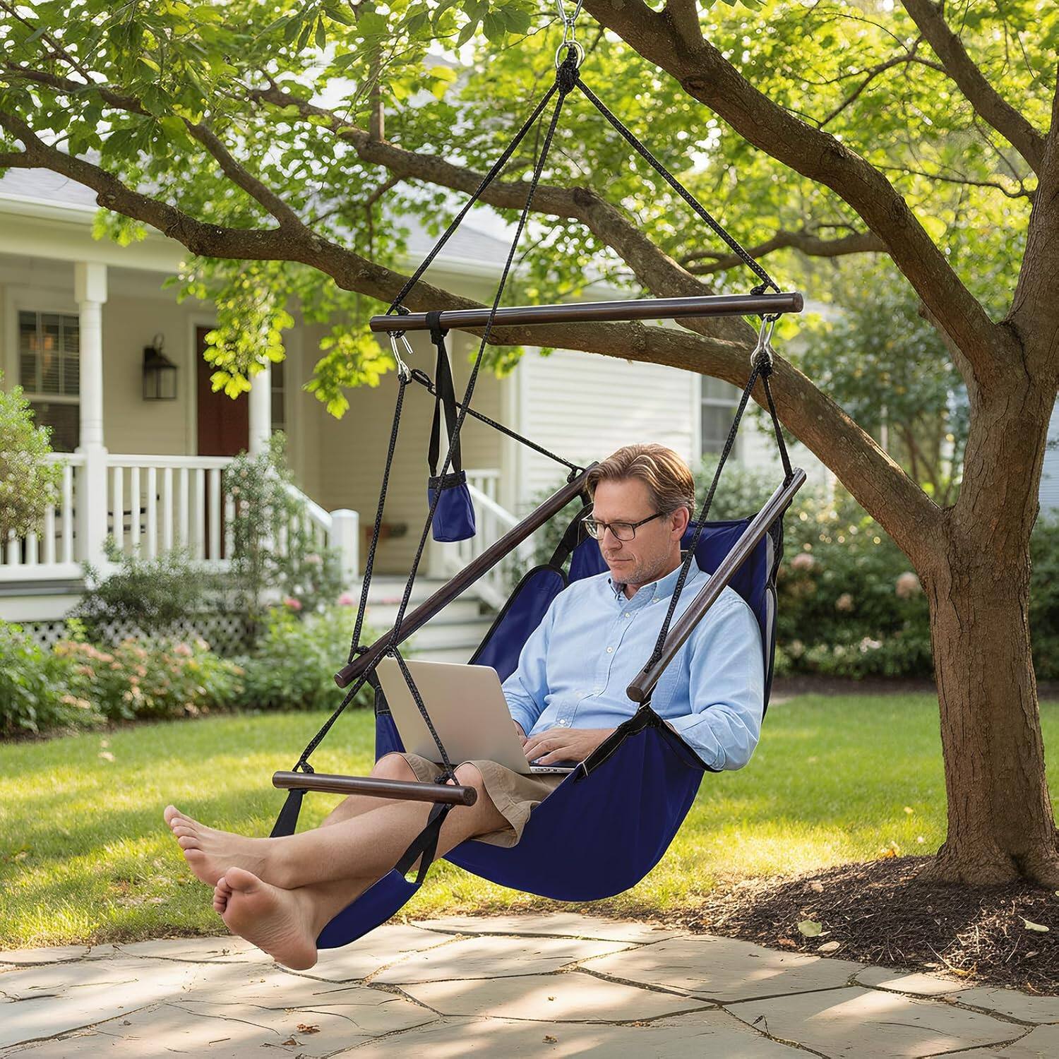 Alt View 7. Winado - 5FT Hammock Hanging Sky Chair, Air Deluxe Swing Seat with Cup Holder, Wooden Stick, Chain for Indoor Outdoor Garden - Blue.