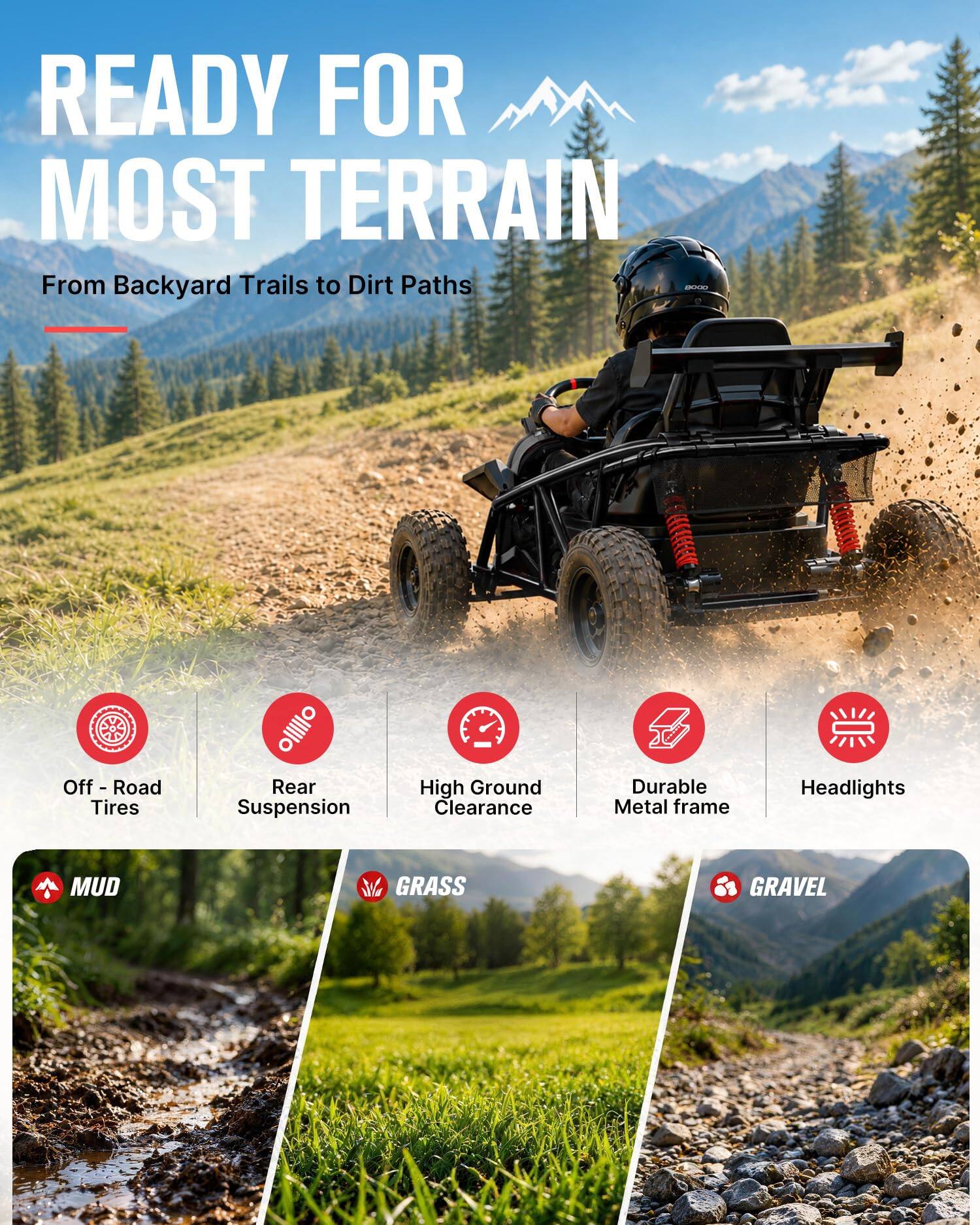 READY FOR MOST TERRAIN  
From Backyard Trails to Dirt Paths  

- Off-Road Tires  
- Rear Suspension  
- High Ground Clearance  
- Durable Metal Frame  
- Headlights  

MUD  
GRASS  
GRAVEL