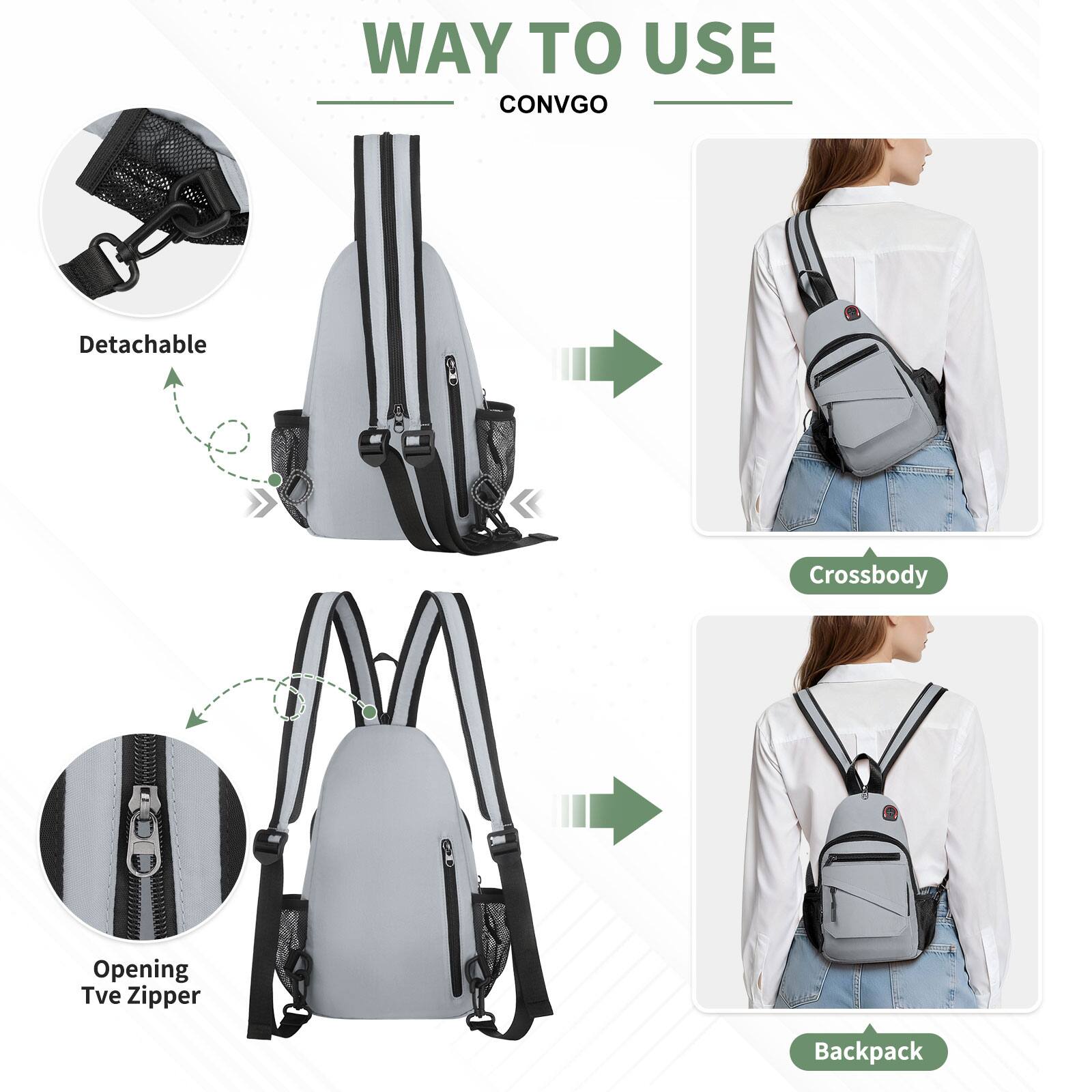 WAY TO USE  
CONVGO

- Detachable
- Opening Tve Zipper
- Crossbody
- Backpack
