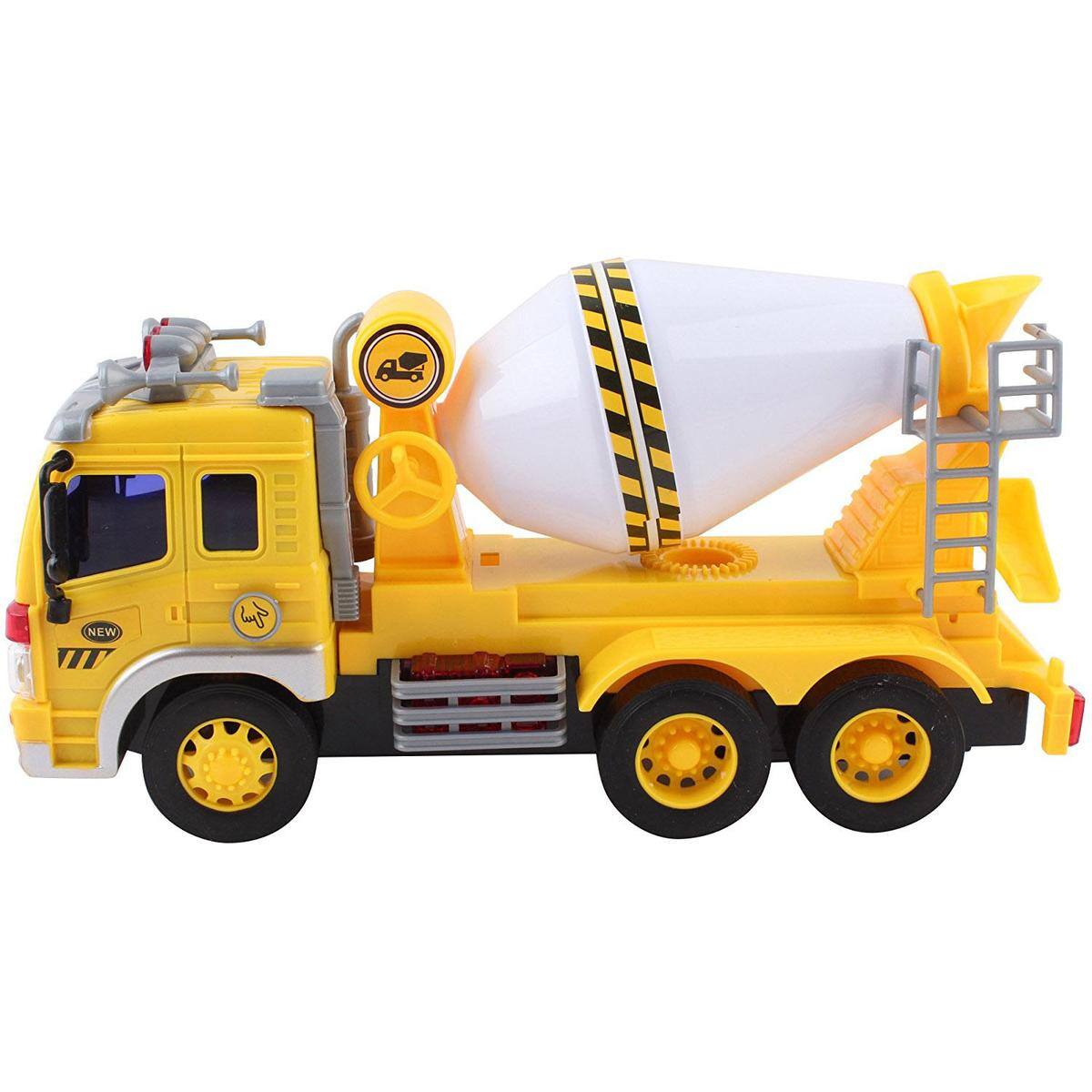 Back. JuzToys - Kids Toys Cars Realistic Cement Mixer Truck Toy, Pull-Back Toy Vehicle with Light, Sound, Spinning Handle – Yellow - Yellow.