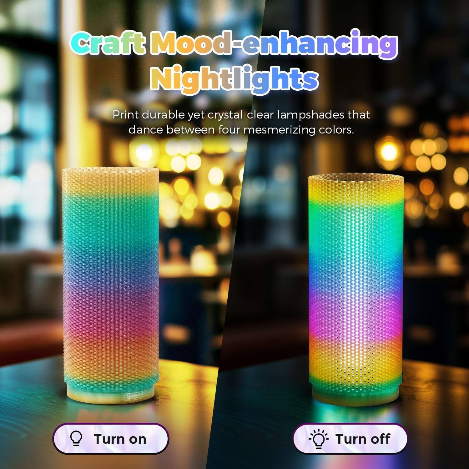 Craft Mood-enhancing Nightlights

Print durable yet crystal-clear lampshades that dance between four mesmerizing colors.

Turn on
Turn off