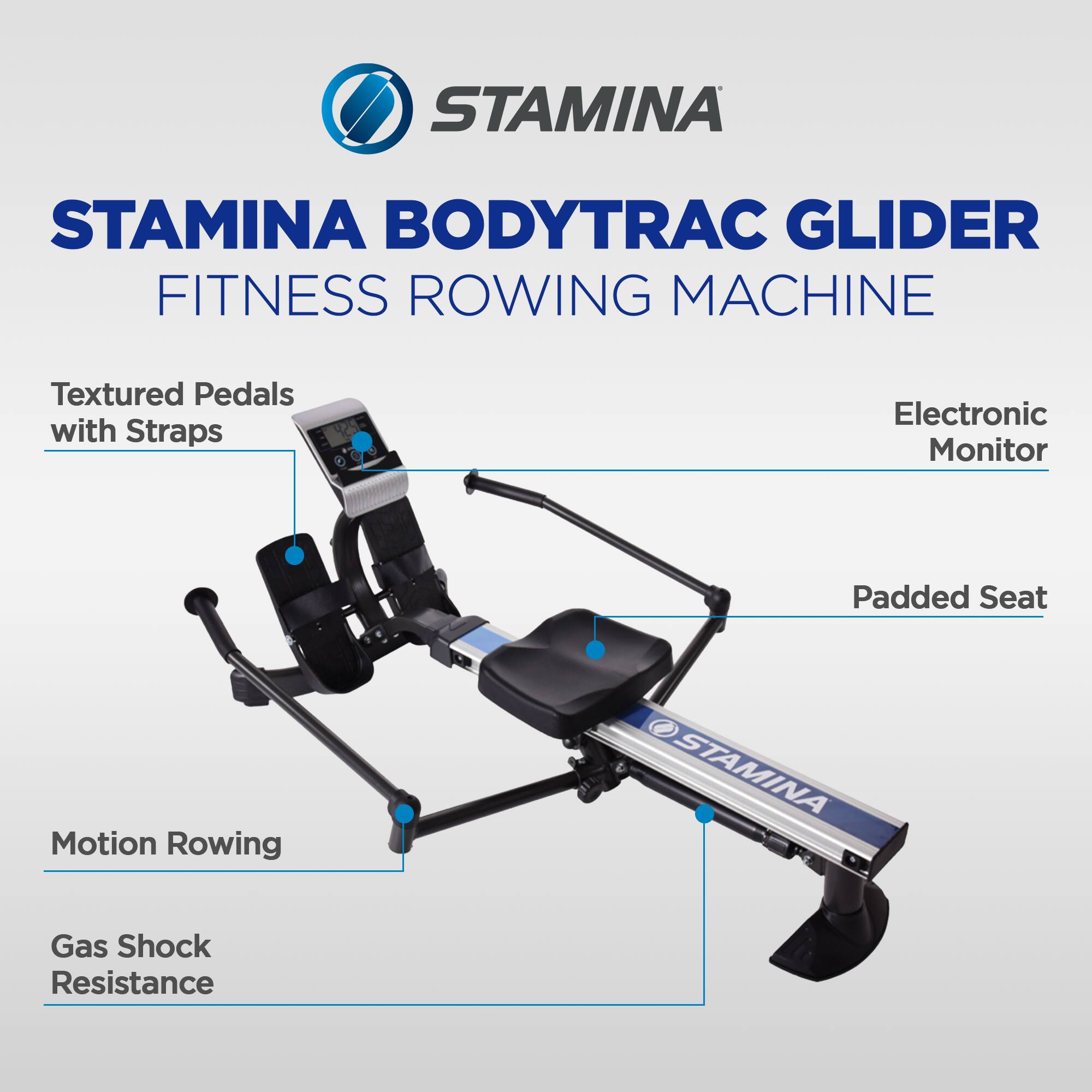 STAMINA BODYTRAC GLIDER FITNESS ROWING MACHINE

- Textured Pedals with Straps
- Electronic Monitor
- Padded Seat
- Motion Rowing
- Gas Shock Resistance