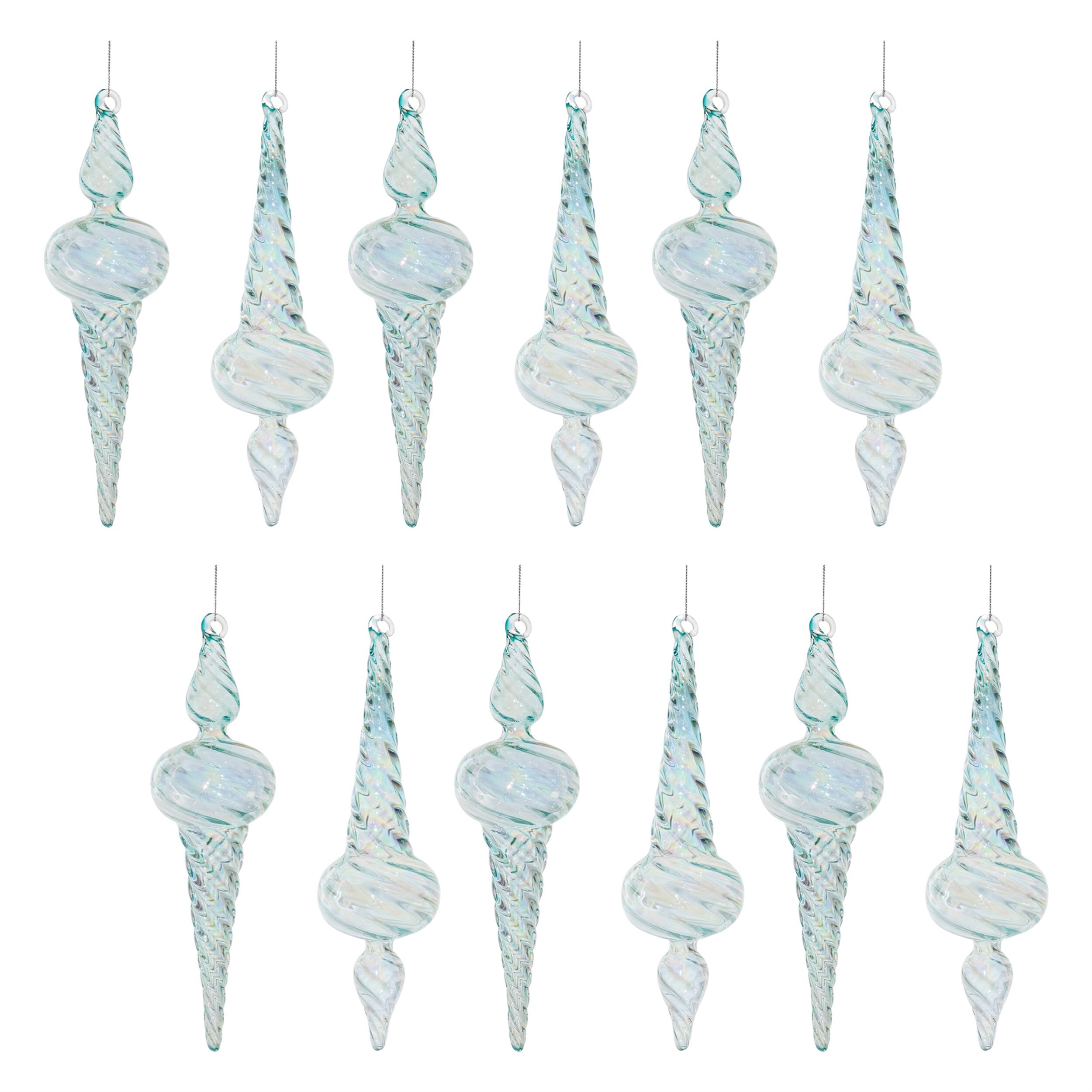 Left. BreeBe - Iridescent Swirl Glass Finial Ornament (Set of 12) - Blue.