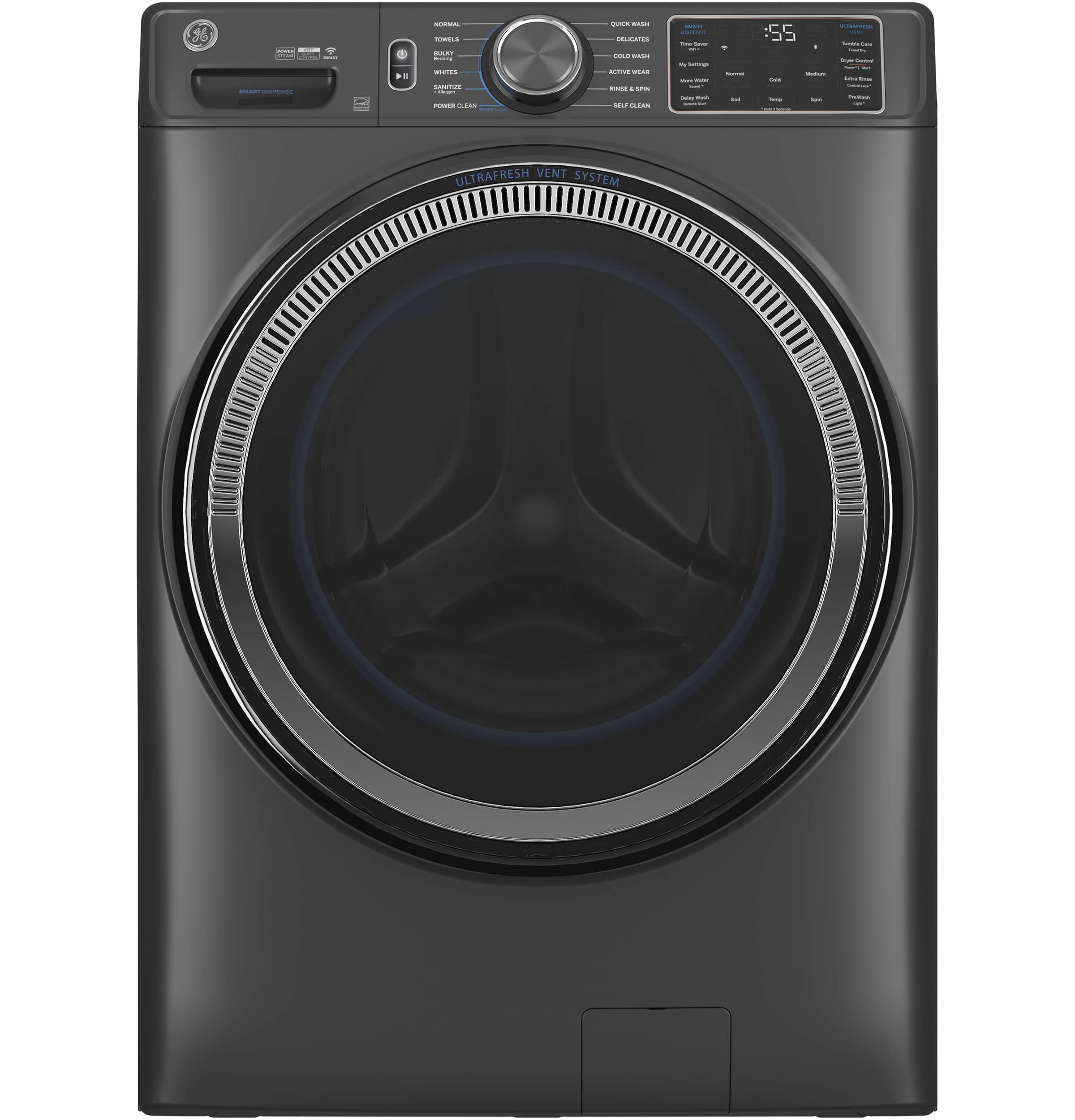 The image features a black washing machine with a large drum. The machine is designed with an Ultrafresh vent system, which ensures proper air circulation and helps maintain the freshness of the clothes being washed. The washing machine is also equipped with a timer, which allows users to set the desired washing time for their clothes. The machine is placed in a room with a white background, making it stand out prominently in the scene.