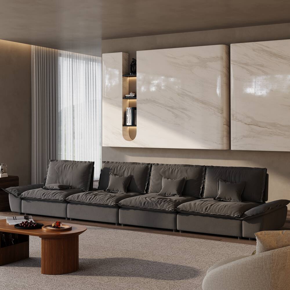 Left. POVISON - 182.67" Modern Deep Sofa with Adjustable Backrest - Gray Suede Fabric.