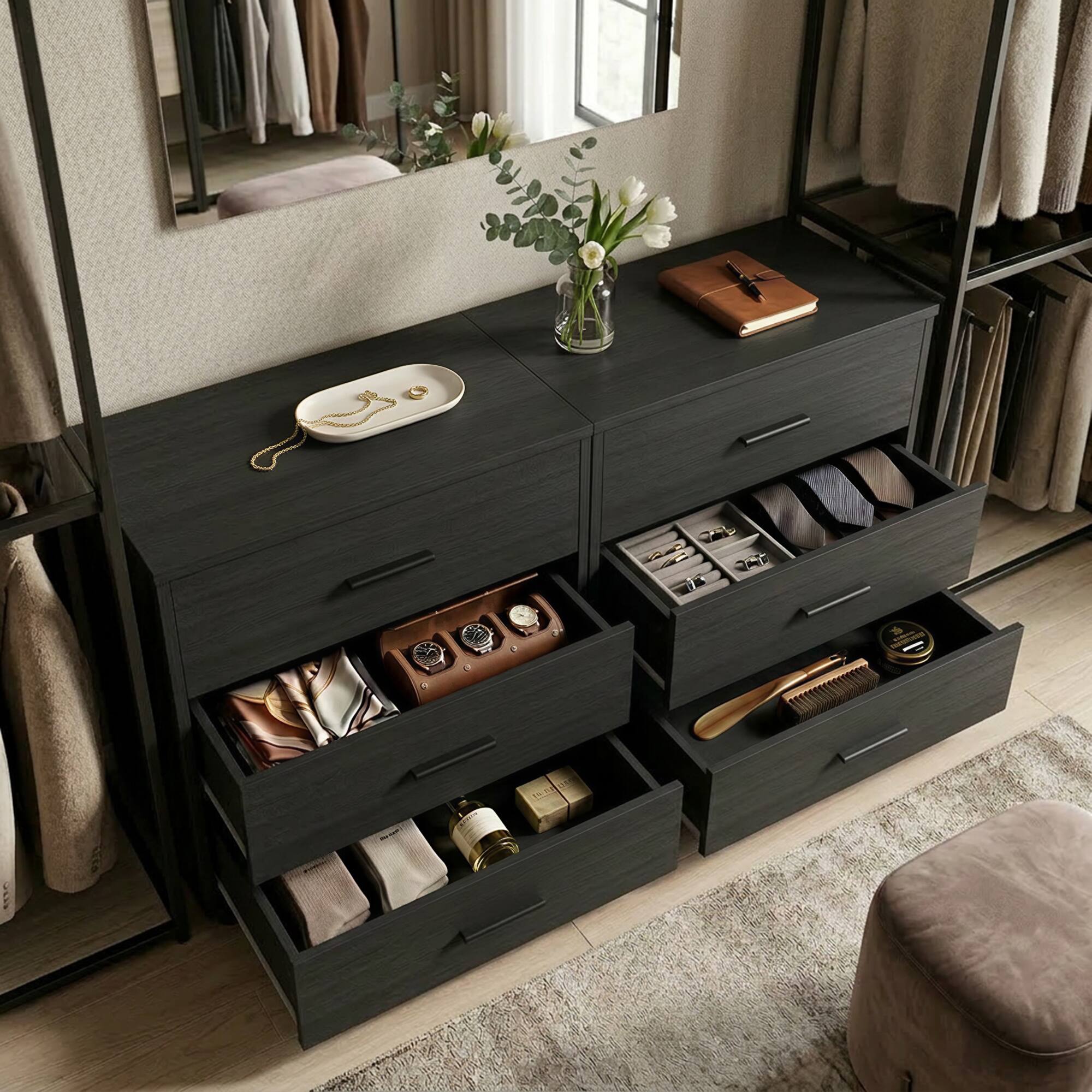 Angle. Aheaplus - 2-Pack Wooden Closet Organizer - 3 Drawers, Multifunctional Bedside Nightstand for Bedroom - Black.
