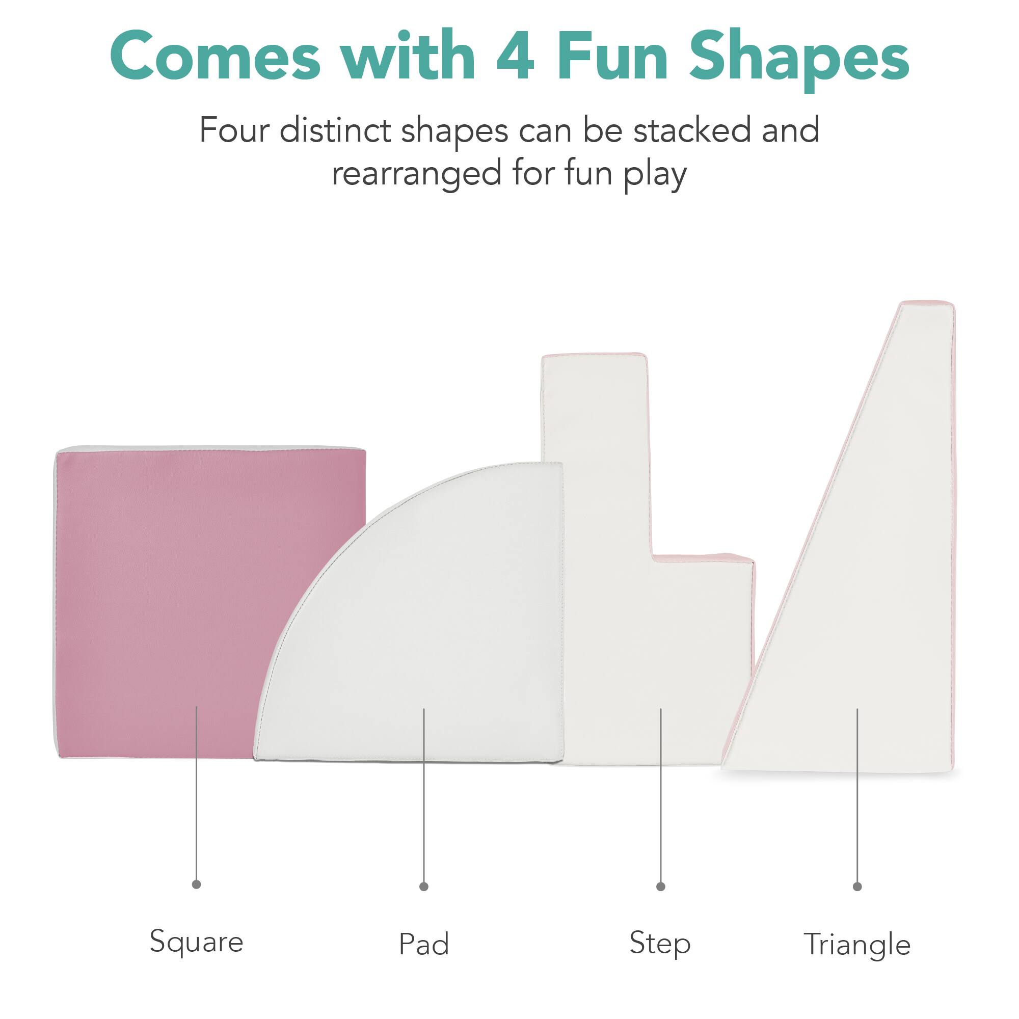 The text in the image can be grouped and corrected as follows:

"Comes with 4 Fun Shapes
Four distinct shapes can be stacked and rearranged for fun play:
- Square
- Pad
- Step
- Triangle"