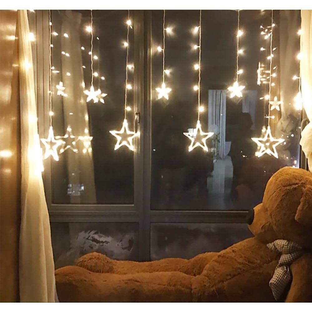Angle. MOSZAR LLC - Twinkle Star 138-LED Curtain Lights, 12 Stars, Warm White, Indoor.