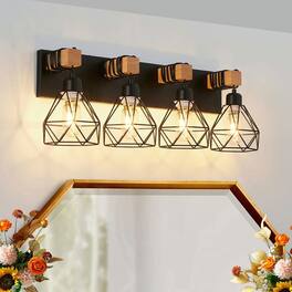 Kadyn - 24" Modern Geometric 4-Light Vanity Light Fixture with Metal, Wooden Accents and Cage Lampshade - Black
