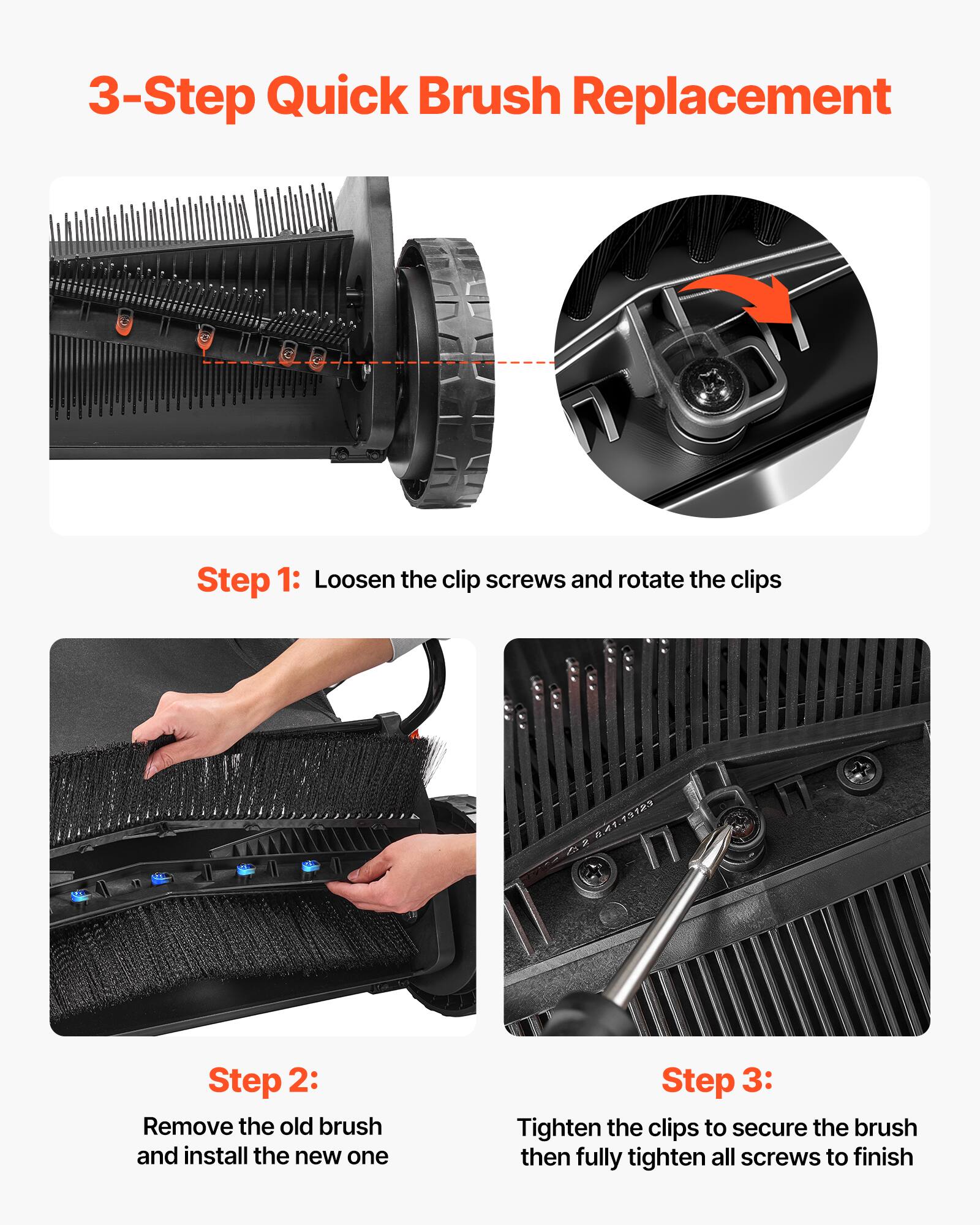 3-Step Quick Brush Replacement

Step 1: Loosen the clip screws and rotate the clips

Step 2: Remove the old brush and install the new one

Step 3: Tighten the clips to secure the brush then fully tighten all screws to finish