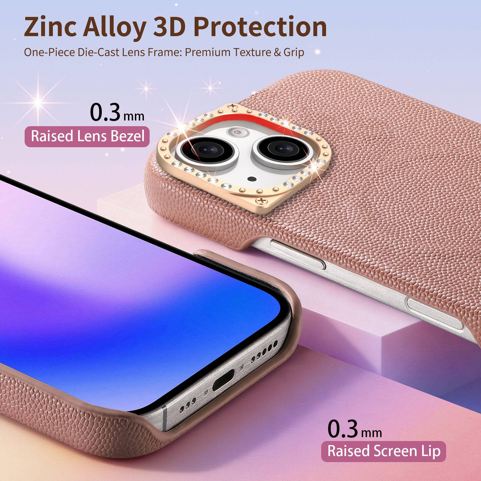 Zinc Alloy 3D Protection  
One-Piece Die-Cast Lens Frame: Premium Texture & Grip  
0.3 mm Raised Lens Bezel  
0.3 mm Raised Screen Lip