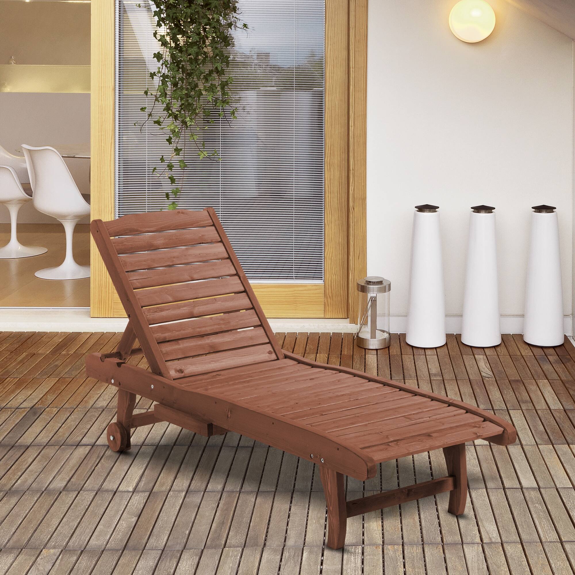 Alt View 1. Outsunny - Lounge Chair Outdoor Wooden Pool Lounge Chair with 3-level Adjustable Backrest - Brown Red.
