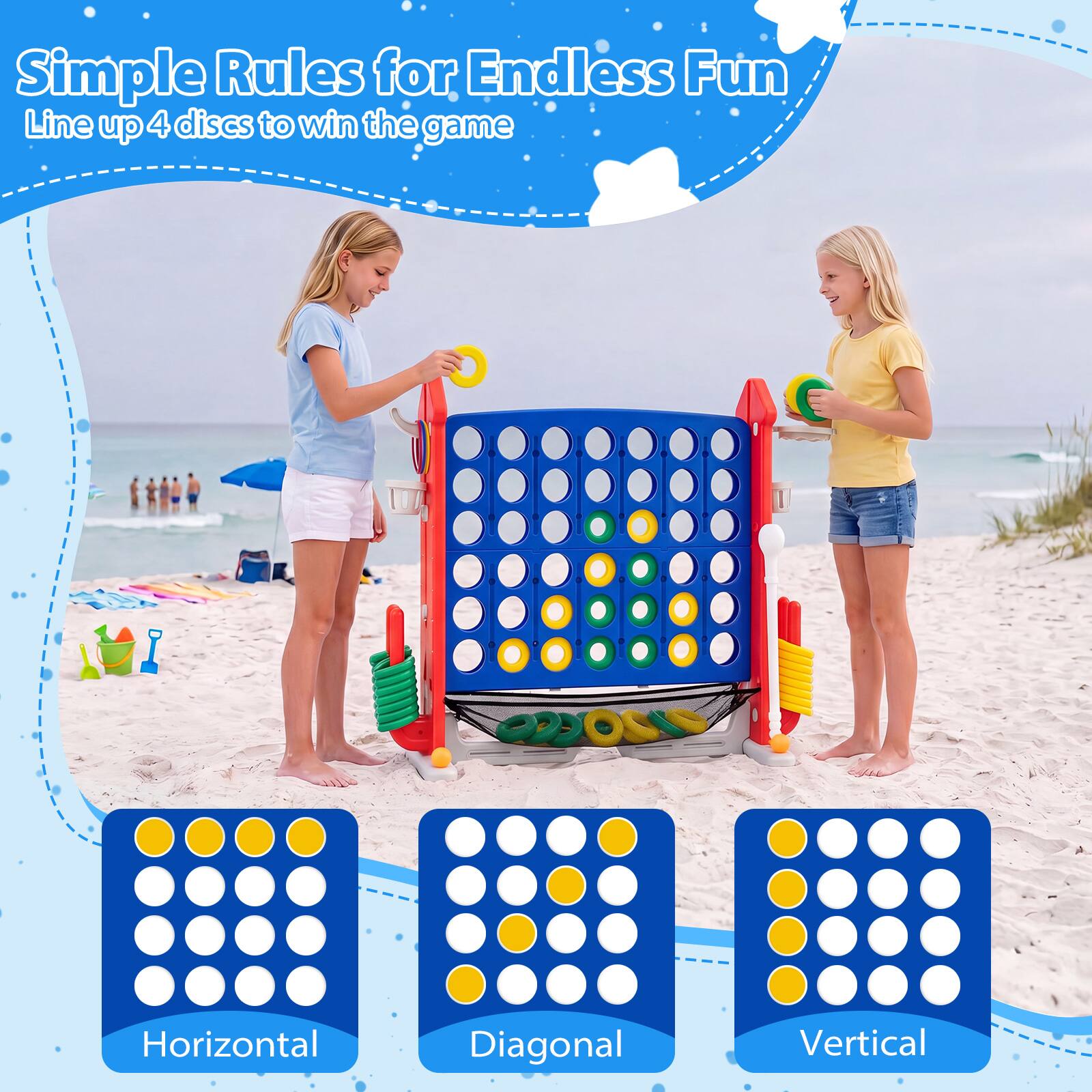 Simple Rules for Endless Fun  
Line up 4 discs to win the game  

Horizontal  
Diagonal  
Vertical