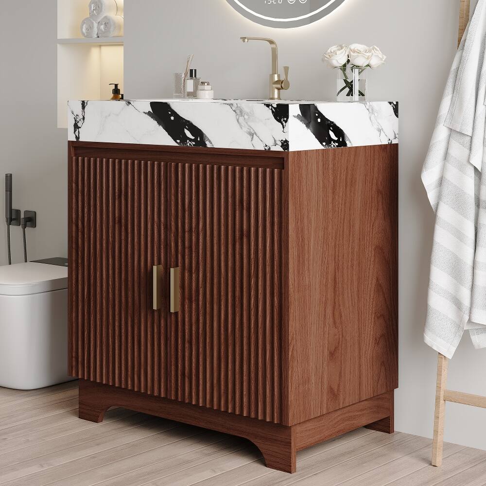Alt View 2. Loheer - Loheer 30 inch freestanding bathroom vanity Walnut Plywood Cabinet Sintered Stone Top - Walnut, White.