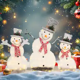 Oumilen - Pre‑Lit Flocked Snowman Family 3‑Pack – L/M/S Lighted Snowman Set with Top Hat & Red Scarf for Outdoor Lawn Garden