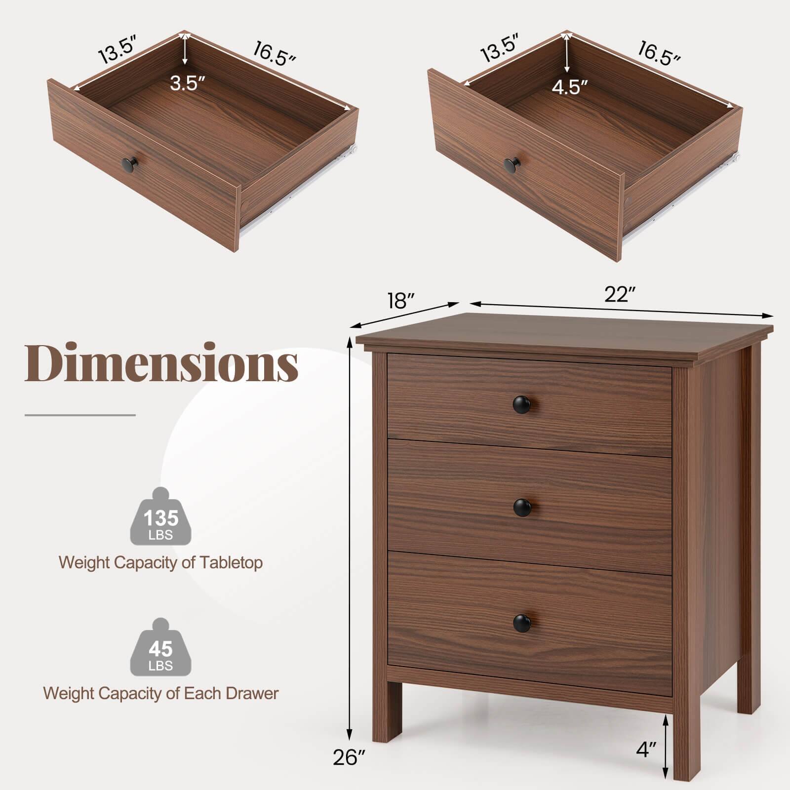Dimensions  
13.5" x 16.5" x 3.5"  
13.5" x 16.5" x 4.5"  
18" x 22" x 26" x 4"  

Weight Capacity  
135 LBS - Weight Capacity of Tabletop  
45 LBS - Weight Capacity of Each Drawer