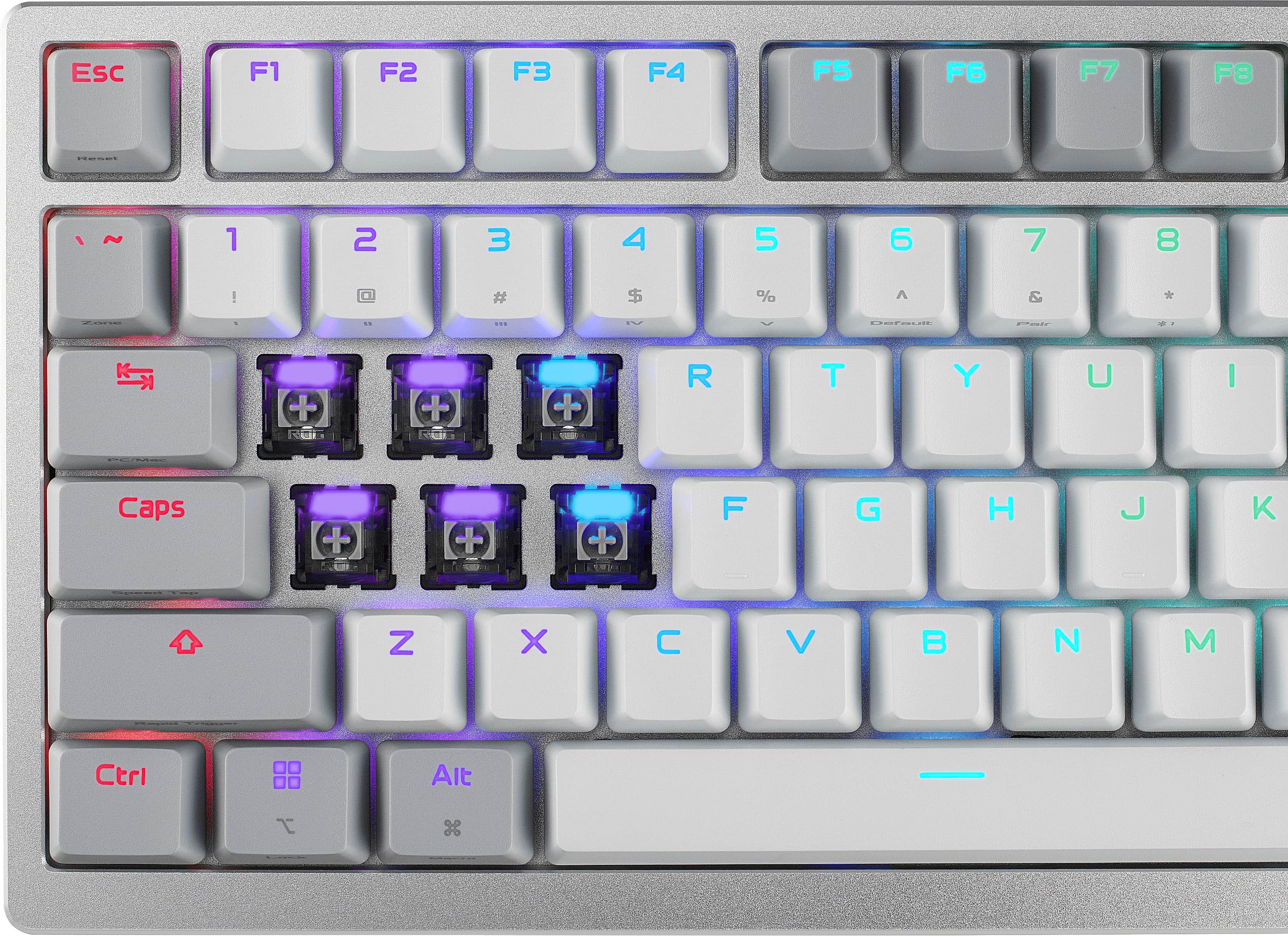 Sure, here is the corrected and grouped text from the image:

- Top row: ESC F1 F2 F3 F4 F5 F6 F7 F8
- Second row: 1 2 3 4 5 6 7 8
- Third row: ! @ # $ % ^ & * ( ) _ +
- Fourth row: Q W E R T Y U I O P
- Fifth row: Caps
- Sixth row: A S D F G H J K L ; '
- Seventh row: Z X C V B N M , . /
- Bottom row: Ctrl Alt