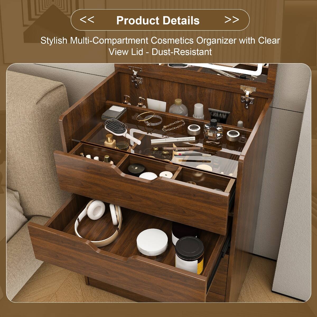 Product Details

Stylish Multi-Compartment Cosmetics Organizer with Clear View Lid - Dust-Resistant