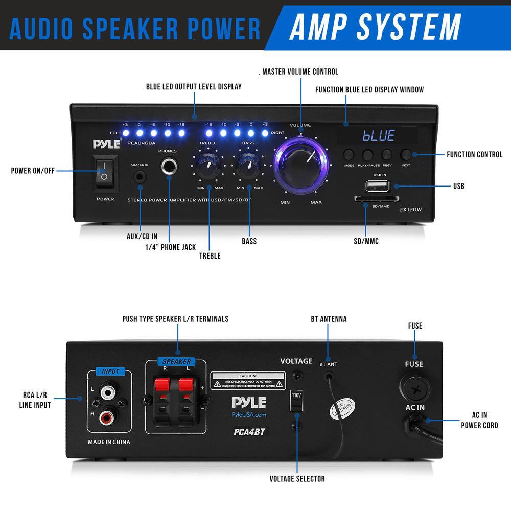 AUDIO SPEAKER POWER AMP SYSTEM
- MASTER VOLUME CONTROL
- BLUE LED OUTPUT LEVEL DISPLAY
- FUNCTION BLUE LED DISPLAY WINDOW
- POWER ON/OFF
- AUX/CD IN
- 1/4" PHONE JACK
- TREBLE
- BASS
- SD/MMC
- USB
- BT ANTENNA
- FUSE
- VOLTAGE SELECTOR
- AC IN POWER CORD
- RCA L/R LINE INPUT
- PUSH TYPE SPEAKER L/R TERMINALS
- MADE IN CHINA
PYLE
PyleUSA.com
PC4ABT