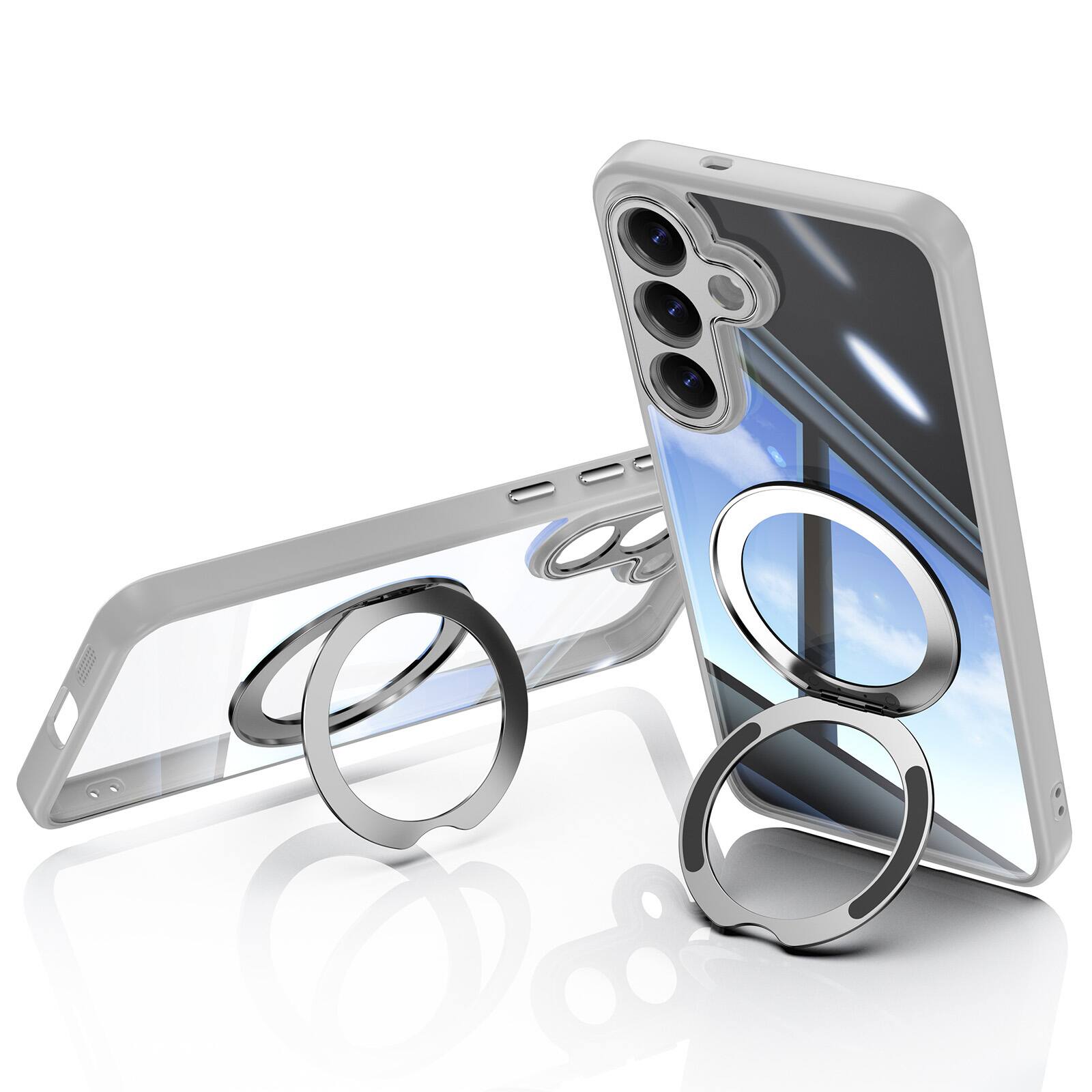 Left. Dteck - Magnetic Clear Case For Samsung Galaxy S26+, Shockproof Anti-Scratch 360° Ring Holder Stand PC+TPU Protection Cover - Gray.