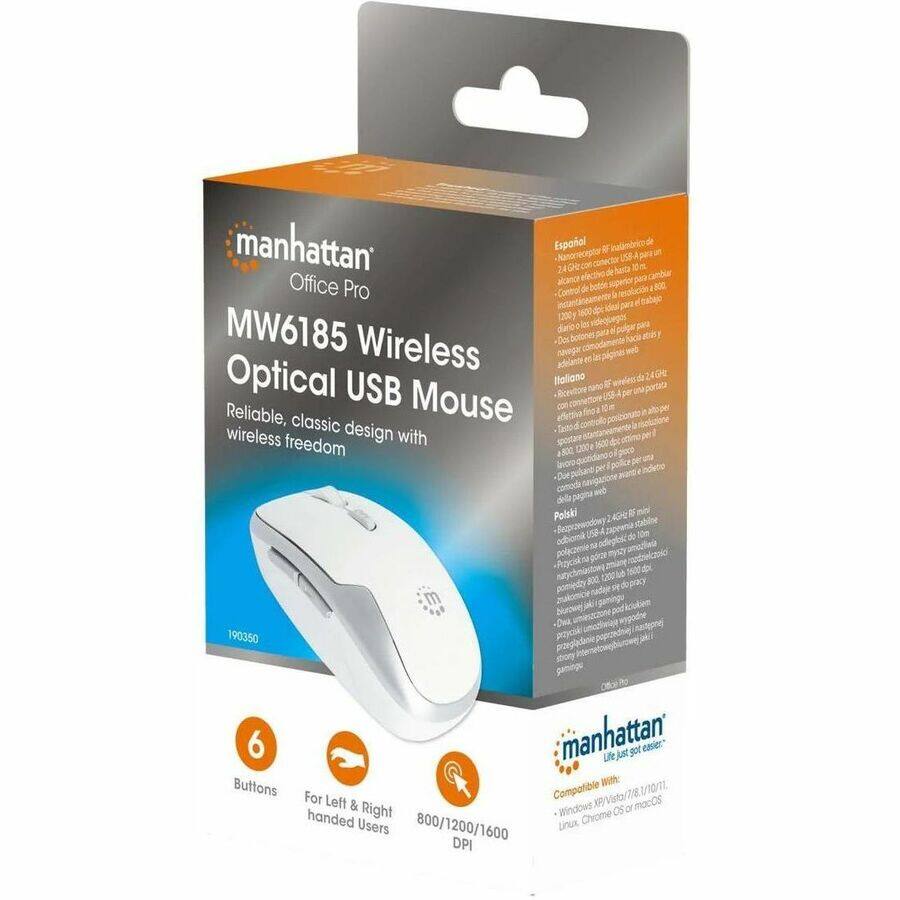 **manhattan Office Pro**

**MW6185 Wireless Optical USB Mouse**

Reliable, classic design with wireless freedom

- 6 Buttons
- For Left & Right handed Users
- 800/1200/1600 DPI

Compatible With:
- Windows XP/Vista/7/8/10/11
- Linux, Chrome OS or macOS

**Español**
- Conecte el receptor USB a una de las 2400 puertos USB disponibles.
- Conéctelo a su computadora para una conexión inalámbrica estable.
- Incluye un receptor USB para una conexión inalámbrica estable.
- Incluye un receptor USB para una conexión inalámbrica estable.
- Incluye un receptor USB para una conexión inalámbrica estable.
- Incluye un receptor USB para una conexión inalámbrica estable.
- Incluye un receptor USB para una conexión inalámbrica estable.
- Incluye un receptor USB para una conexión inalámbrica estable.
- Incluye un receptor USB para una conexión inalámbrica estable.
- Incluye un receptor USB para una