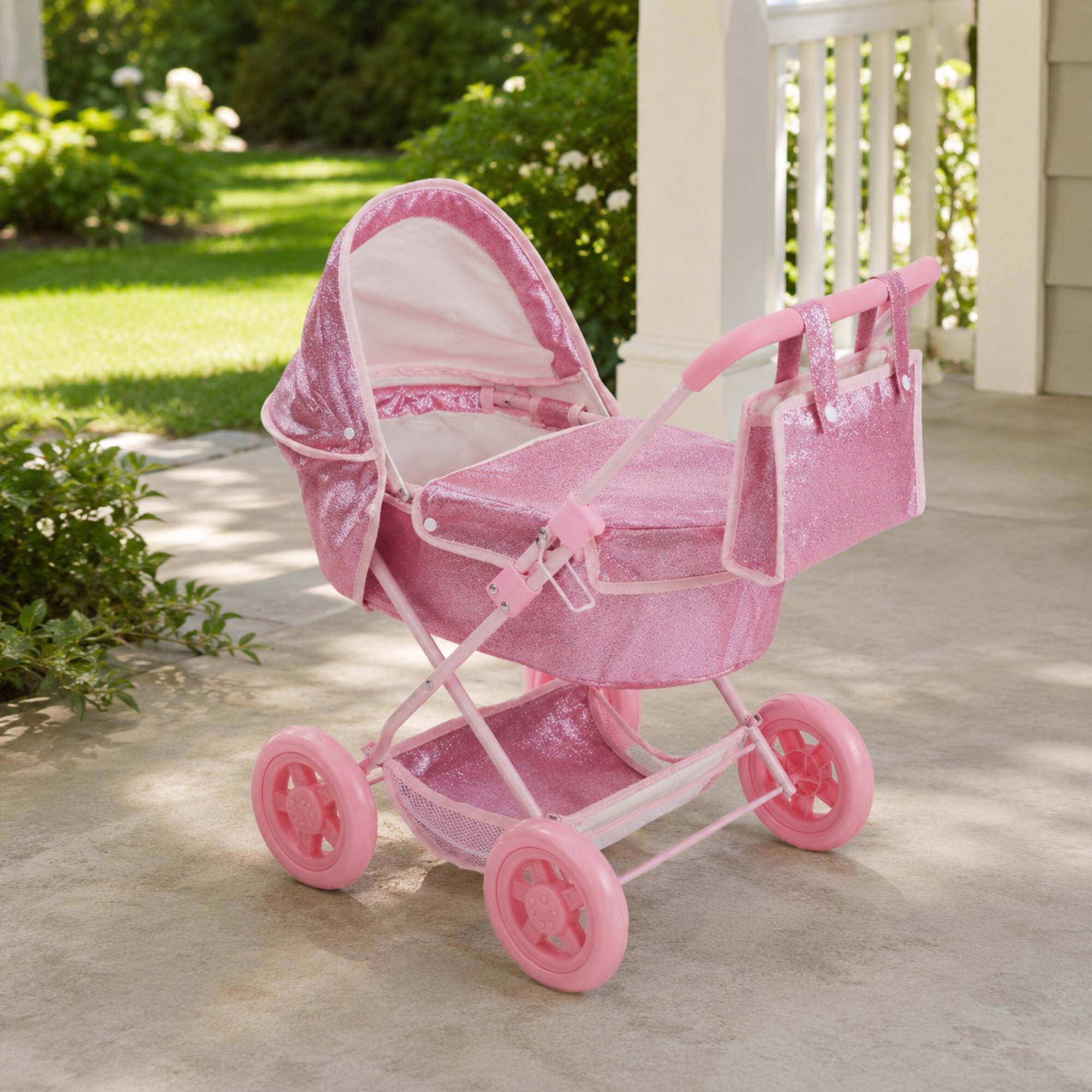 Alt View 2. Teamson Kids - Pink Baby Doll Bassinet Pram with Cover.