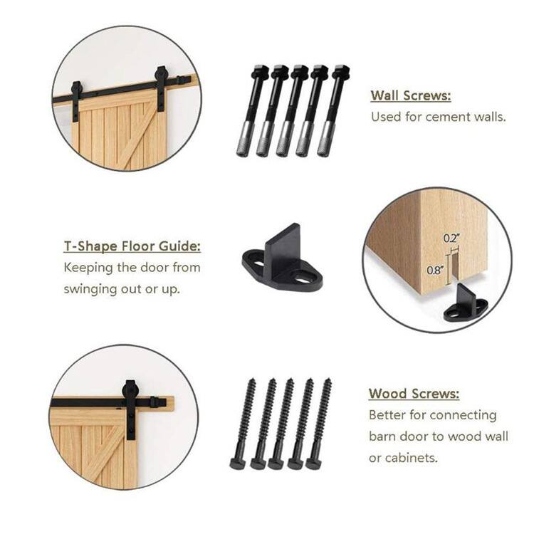 Wall Screws: Used for cement walls.  
T-Shape Floor Guide: Keeping the door from swinging out or up.  
0.2" 0.8" Wood Screws: Better for connecting barn door to wood wall or cabinets.