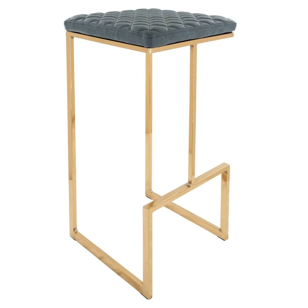 LeisureMod - Quincy Modern Quilted Leather Bar Stool with Gold Metal Frame Counter Height Chair for Kitchen and Counter Seating - Peacock Blue