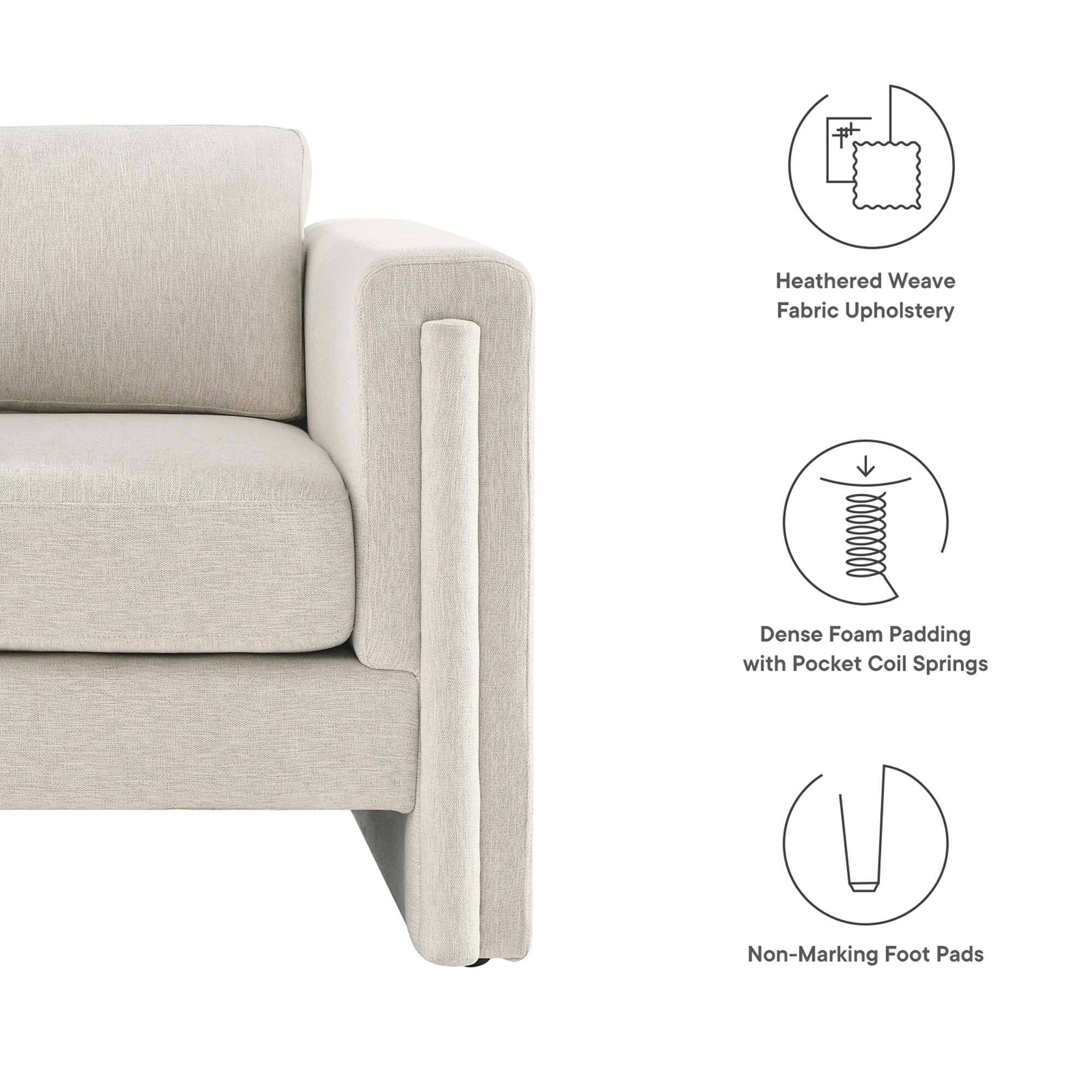 Heathered Weave Fabric Upholstery  
Dense Foam Padding with Pocket Coil Springs  
Non-Marking Foot Pads