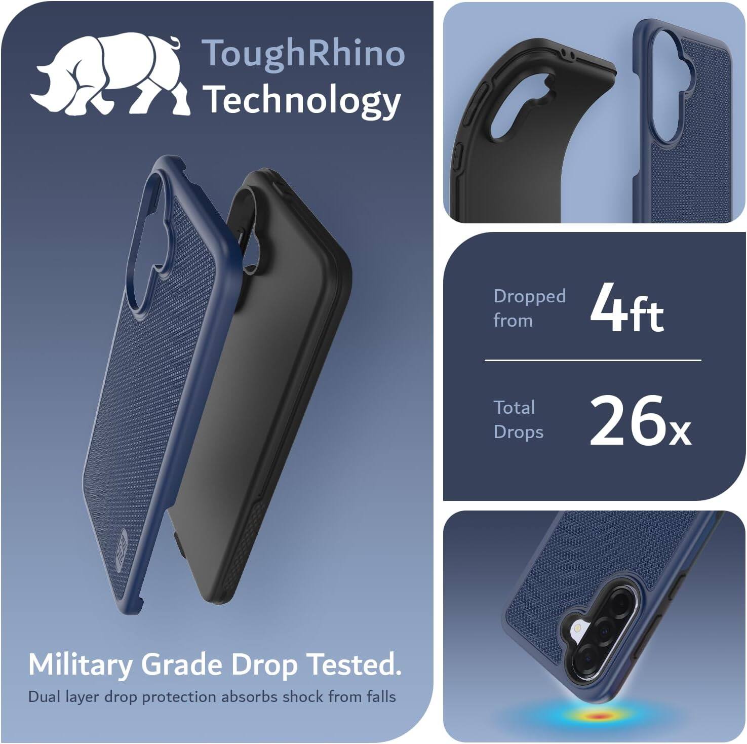 ToughRhino Technology

Dropped from 4ft  
Total Drops 26x

Military Grade Drop Tested.  
Dual layer drop protection absorbs shock from falls