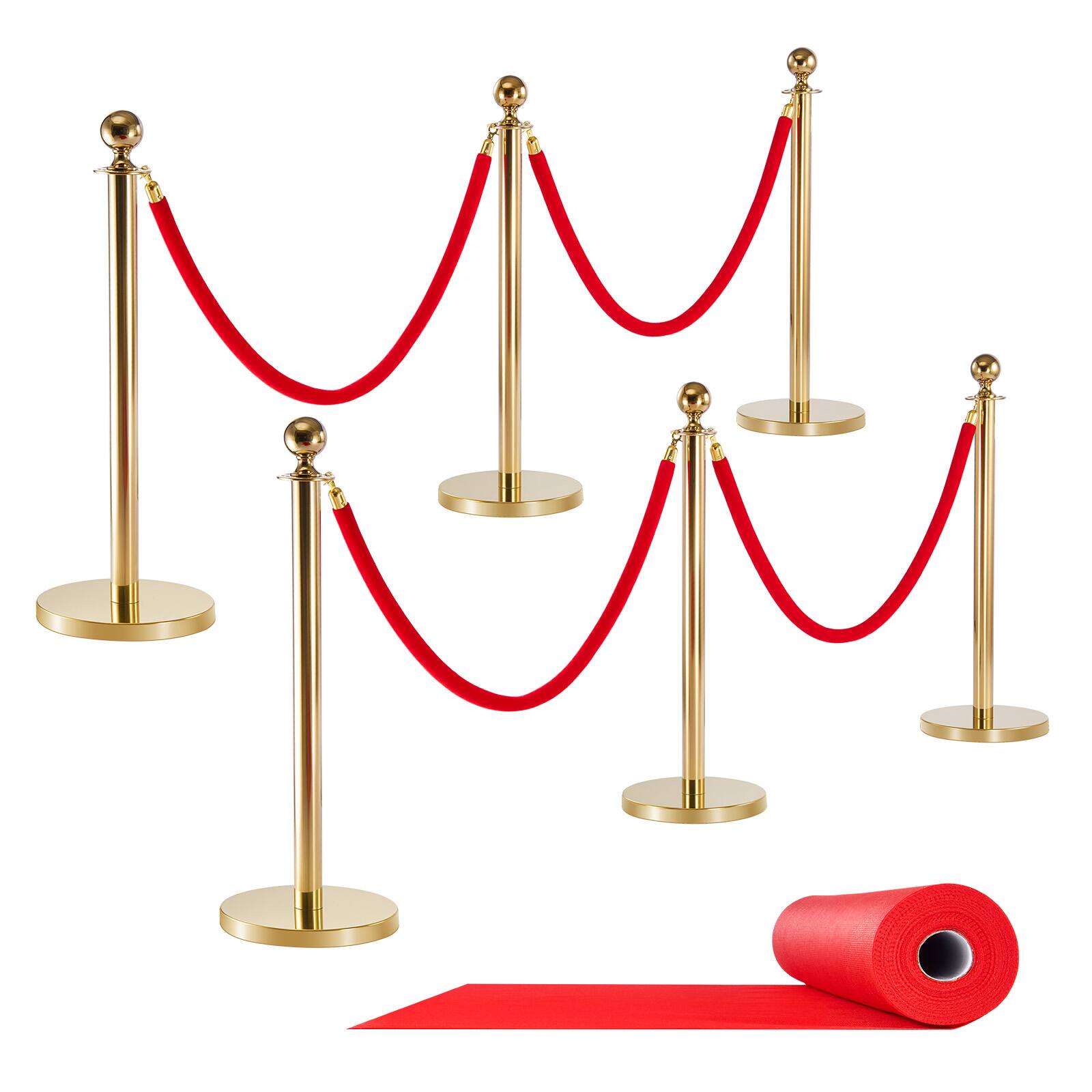 Alt View 5. VEVOR - Stanchion Post, 6 Pcs Crowd Control Barrier Set with Red Carpet, 4 Red Velvet Ropes, Stainless Steel Gold Stanchion Post - Red velvet rope.