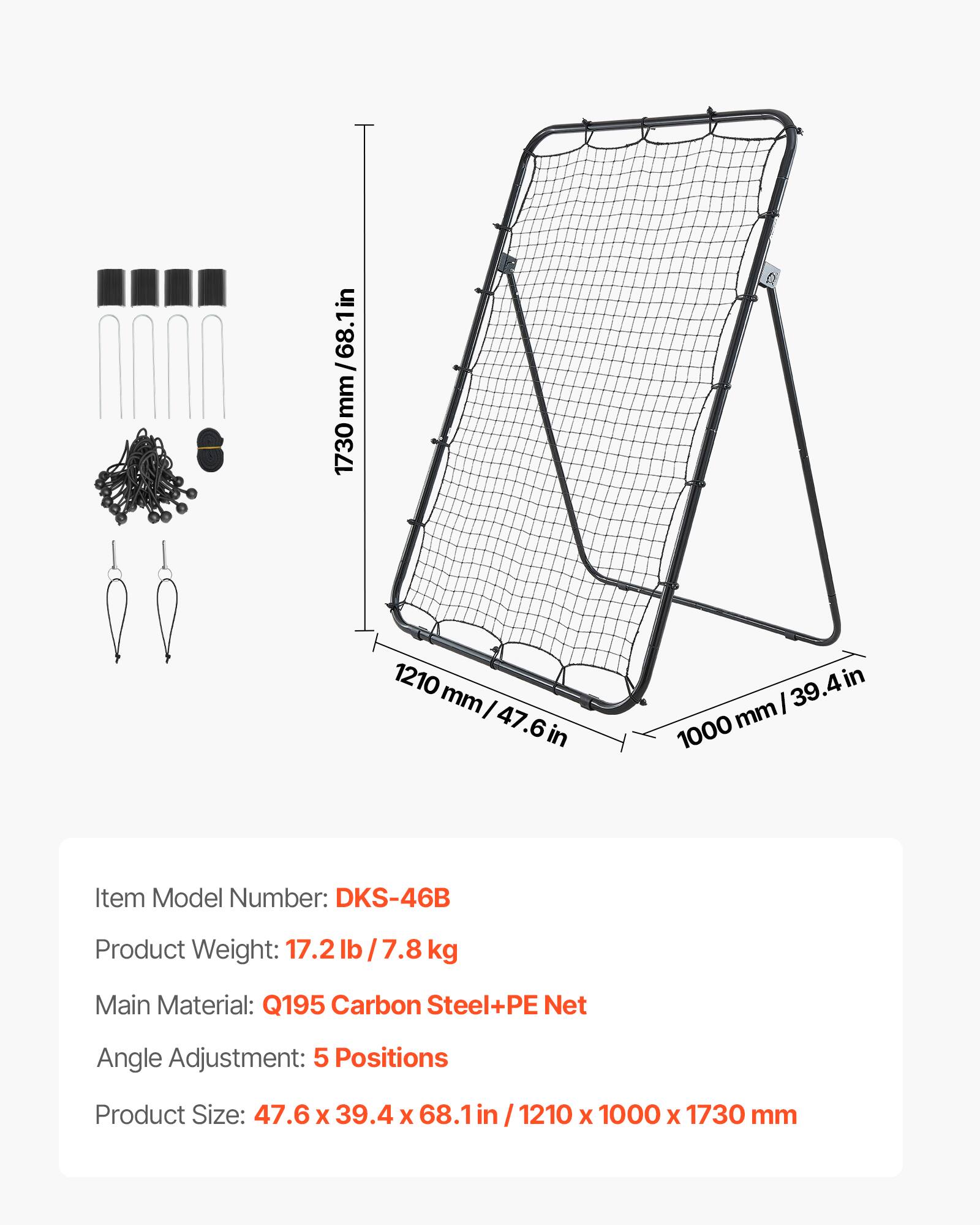 1in / mm/68.1in mm 1730 1210 mm I 47.6 in 39.4in mm 1000

Item Model Number: DKS-46B

Product Weight: 17.2 lb / 7.8 kg

Main Material: Q195 Carbon Steel+PE Net

Angle Adjustment: 5 Positions

Product Size: 47.6 X 39.4 X 68.1 1210 X 1000 x 1730 mm