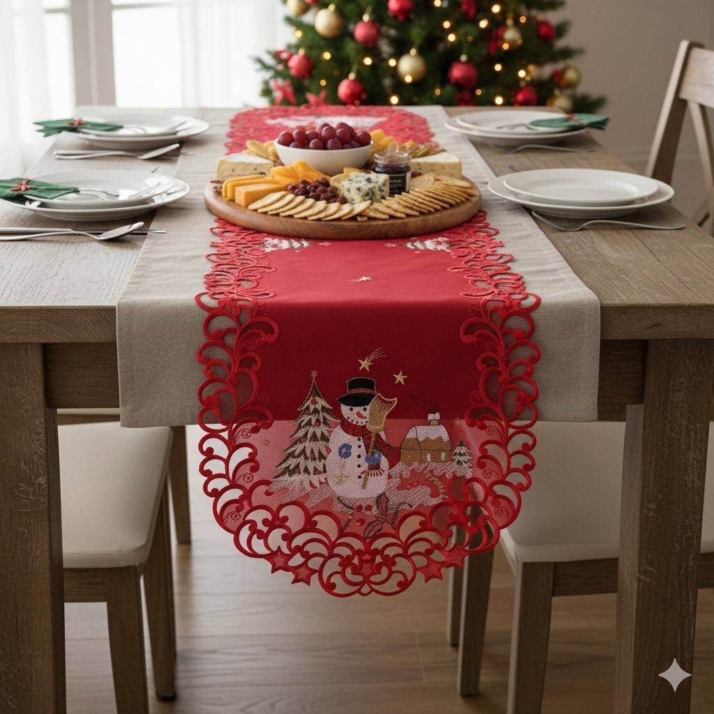 Angle. Jiallo - Snow Man Embroidered Cutwork Placemat, 12 by 17 inch Table Linen - Red.