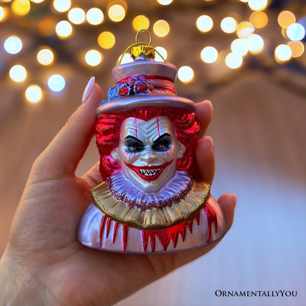 Back. OrnamentallyYou - Horror Clown Head Glass Ornament Gothic Halloween Tree Decor - Multi-colored.