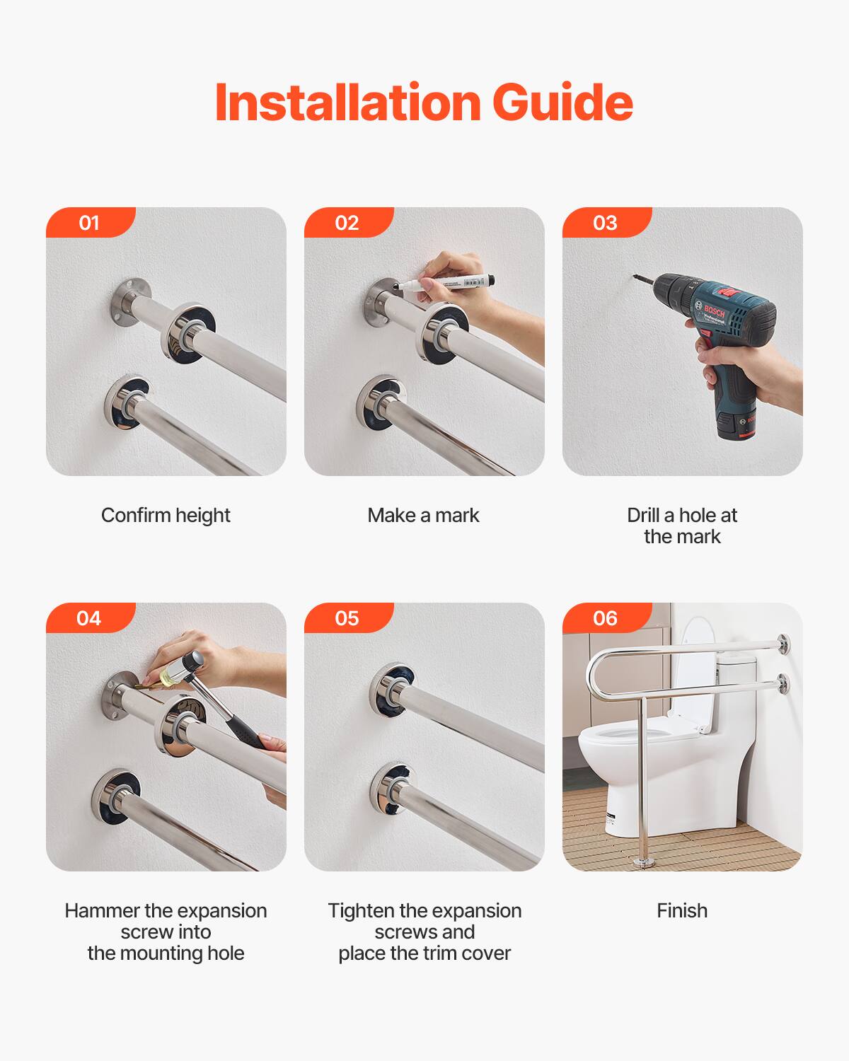 Installation Guide

01 Confirm height

02 Make a mark

03 Drill a hole at the mark

04 Hammer the expansion screw into the mounting hole

05 Tighten the expansion screws and place the trim cover

06 Finish