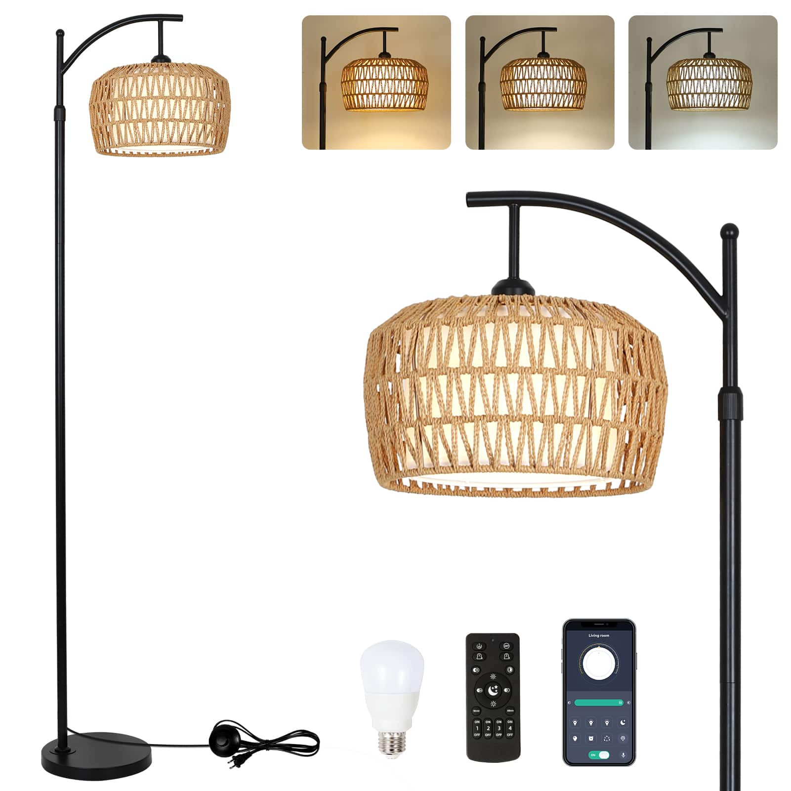Akoasm - Arc Floor Lamps for Living Room Bedroom Office, Dimmable Rattan Floor Lamp with Remote and LED Bulb