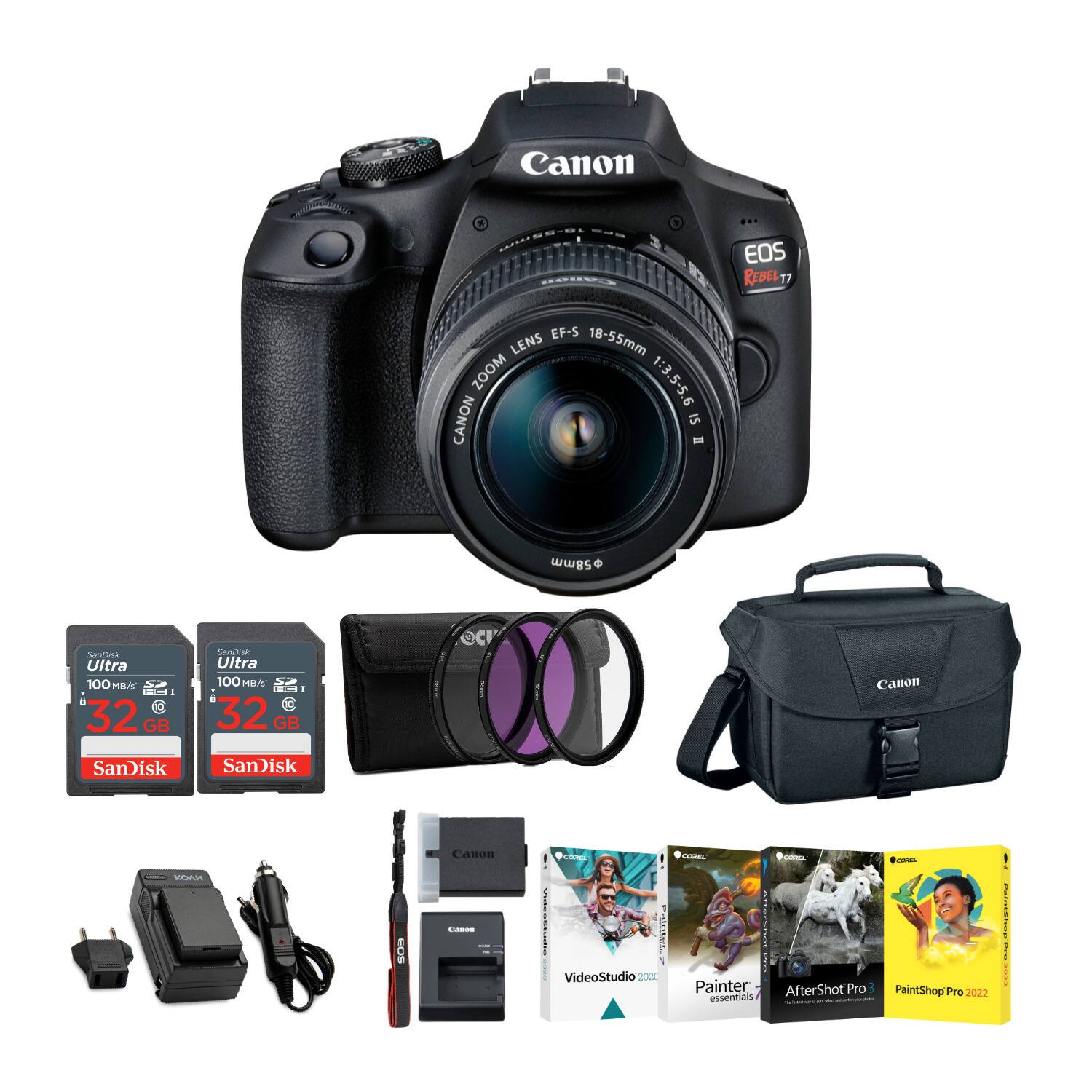 Canon EOS REBEL T7 EF-S 18-55mm LENS ZOOM 1:3.5-5.6 CANON IS - 58mm SanDisk Ultra 100 MB/s 32 GB SanDisk Ultra 100 MB/s 32 GB SanDisk O Canon MAM EOS Canon - | te. VideoStudio 2020 - Painter essentials - AfterShot Pro 2022 - PaintShop Pro 2022