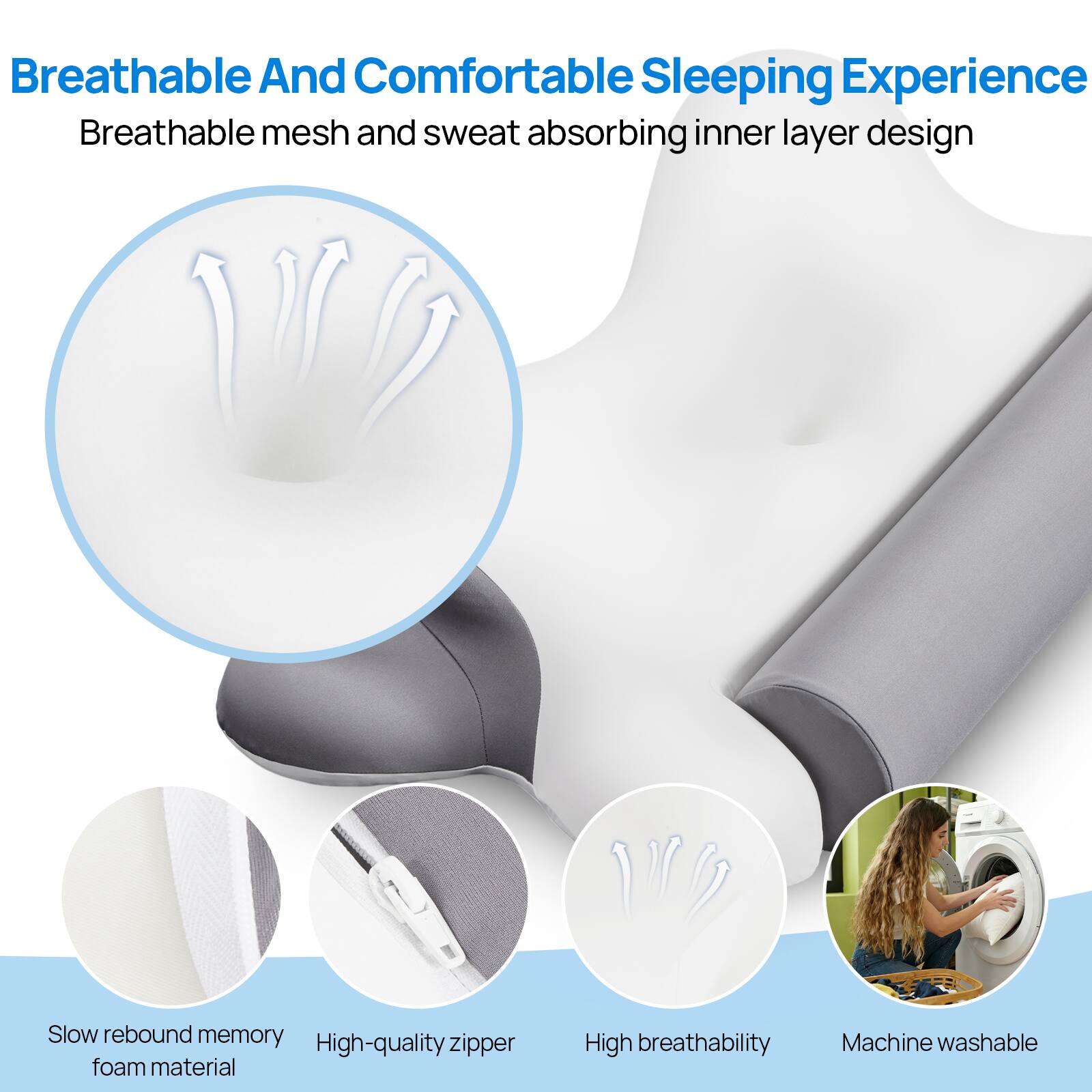 Breathable And Comfortable Sleeping Experience  
Breathable mesh and sweat absorbing inner layer design  

- Slow rebound memory foam material  
- High-quality zipper  
- High breathability  
- Machine washable