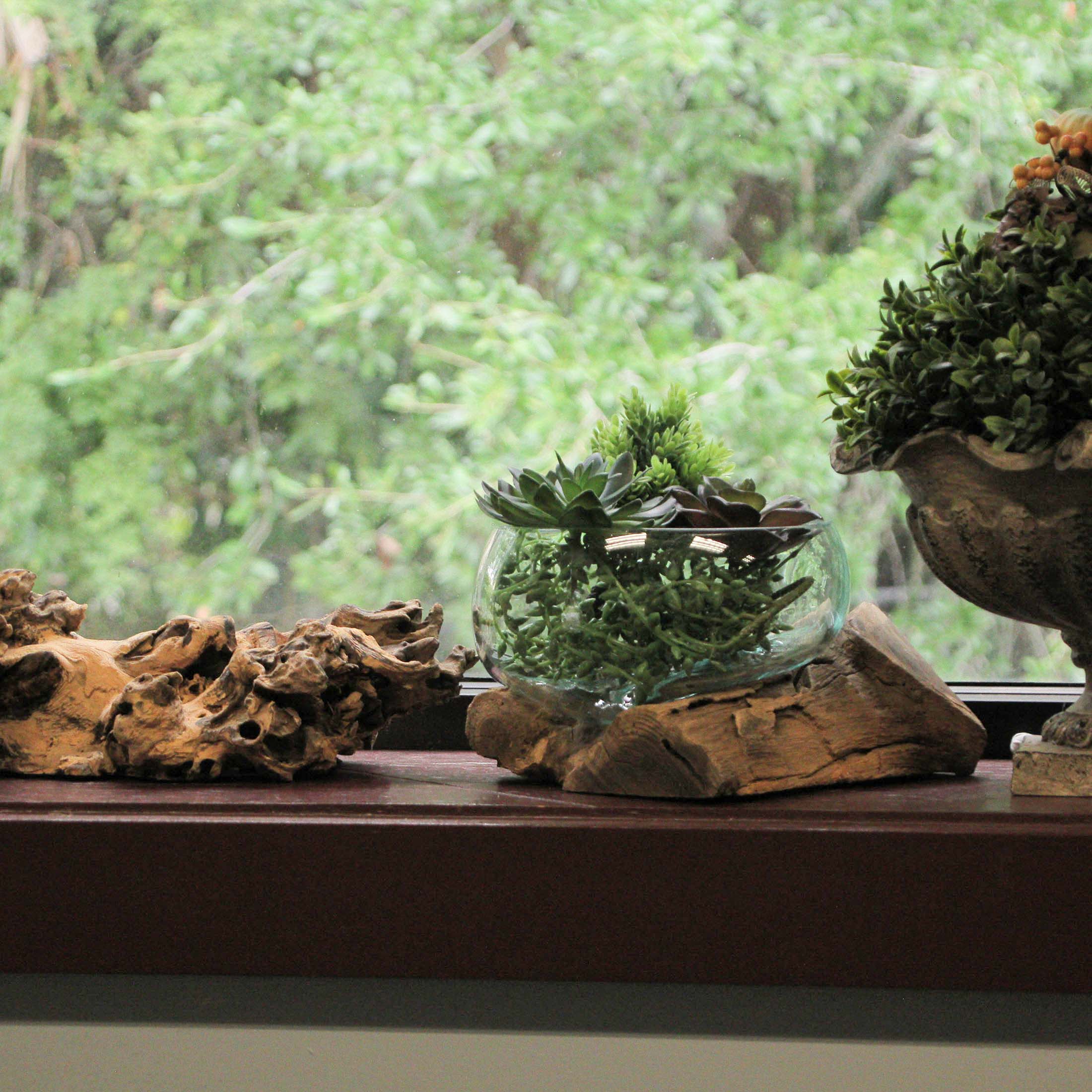 Alt View 4. Chesapeake Bay - Molten Glass on Teak Driftwood Sculptural Bowl, Vase, Terrarium - Brown.