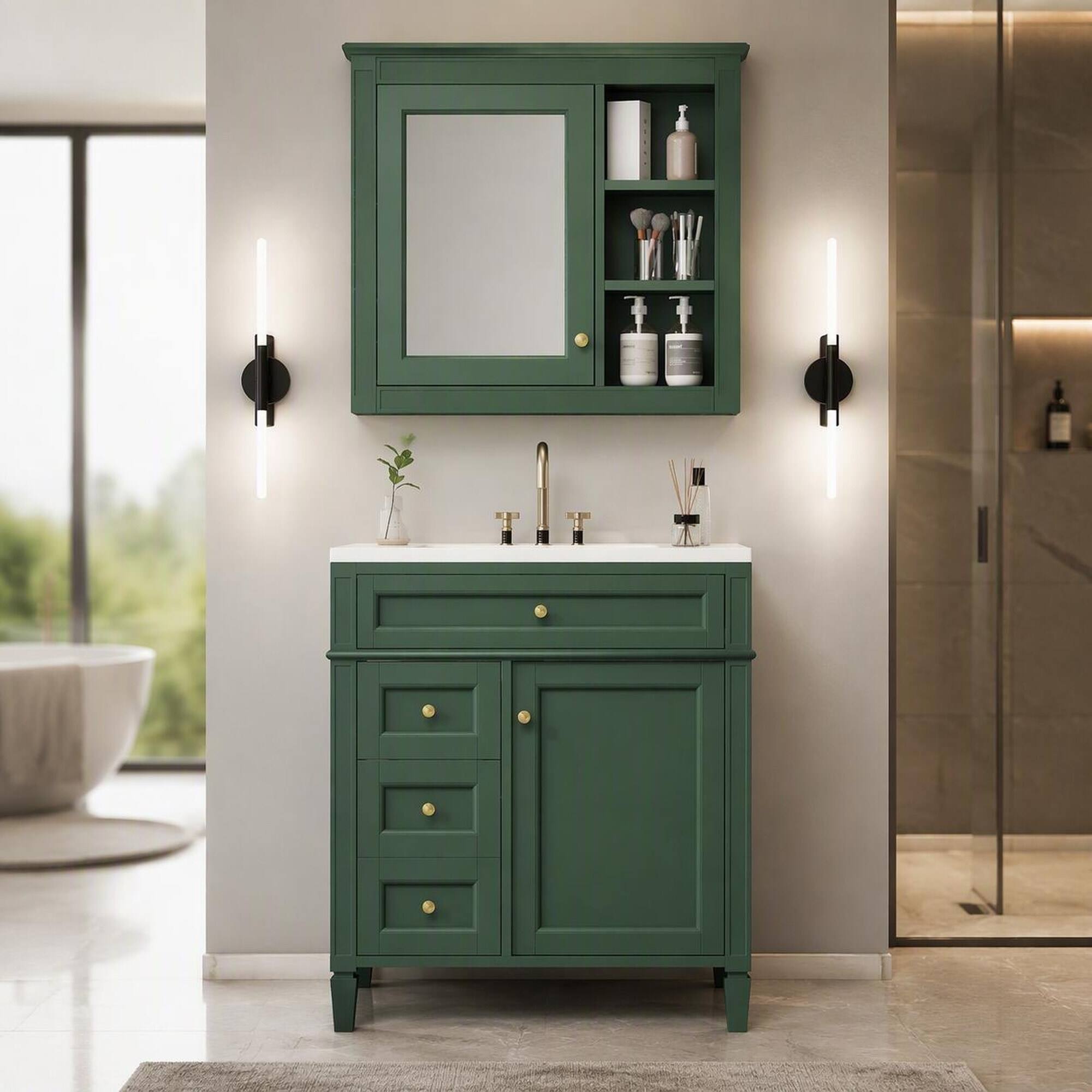 Front. RYHNUYNE - Green 30 Inch Single Sink Bathroom Vanity with Ceramic Sink, 2 Drawers and Mirror Cabinet - Green.