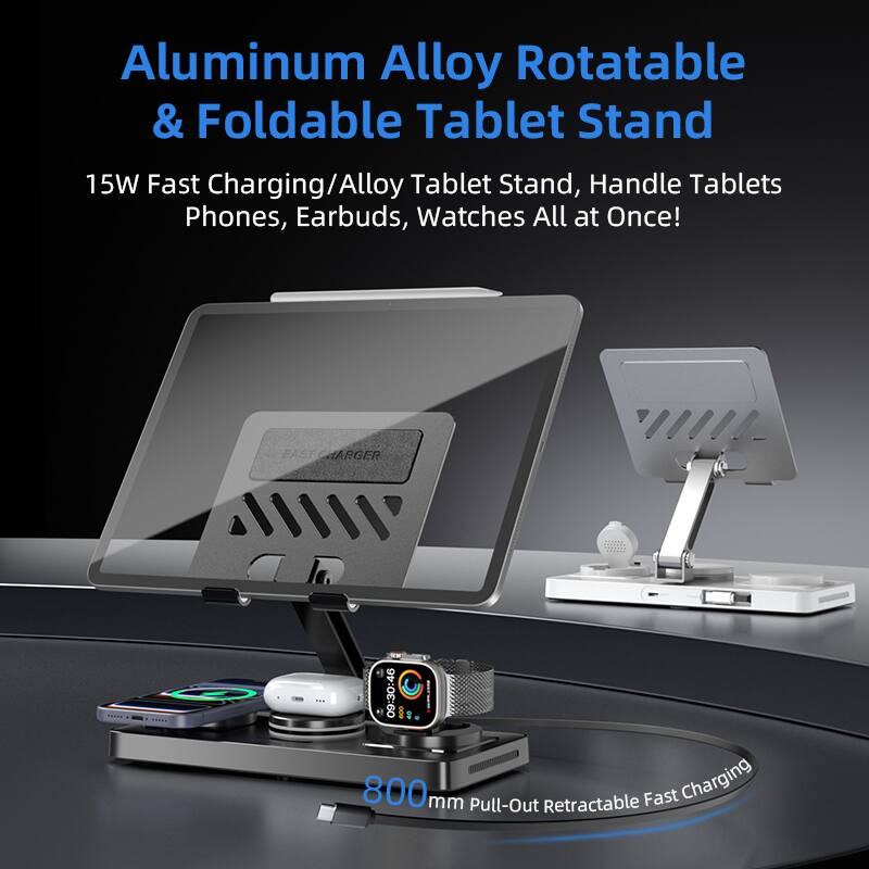 Aluminum Alloy Rotatable & Foldable Tablet Stand

15W Fast Charging/Alloy Tablet Stand, Handle Tablets, Phones, Earbuds, Watches All at Once!

800mm Pull-Out Retractable Fast Charging