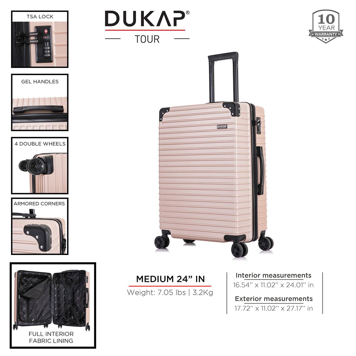 - TSA Lock
- Gel Handles
- 4 Double Wheels
- Armored Corners
- Full Interior Fabric Lining

- Medium 24" IN
- Weight: 7.05 lbs | 3.2Kg
- Interior measurements: 16.54" x 11.02" x 24.01" in
- Exterior measurements: 17.72" x 11.02" x 27.17" in

- 10 Year Warranty