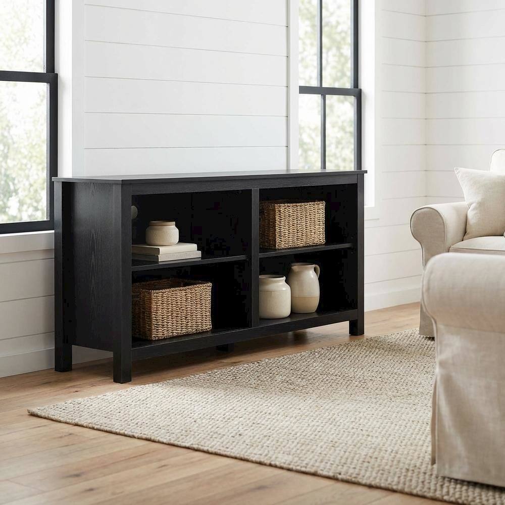 Alt View 1. FurniFact - Black wood TV stand, adjustable shelves, 65-inch televisions, modern style - Red.