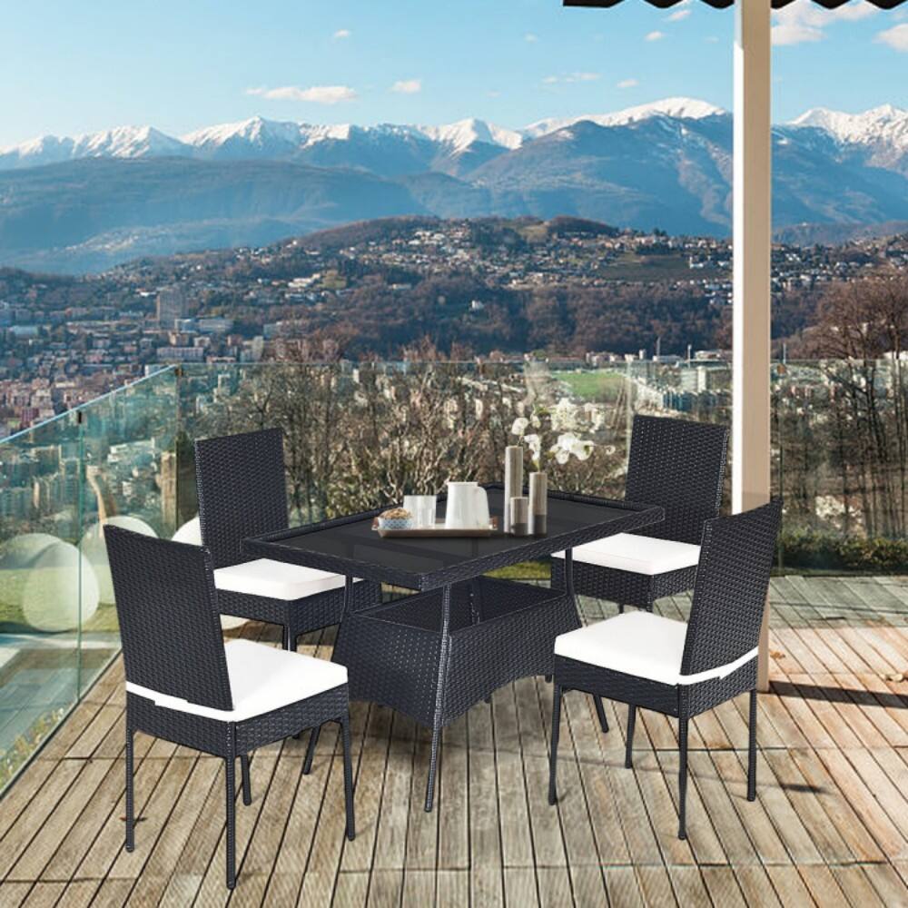 Back. Mondawe - 5 Pieces Rattan Dining Set with Glass Table and High Back Chair - Black.
