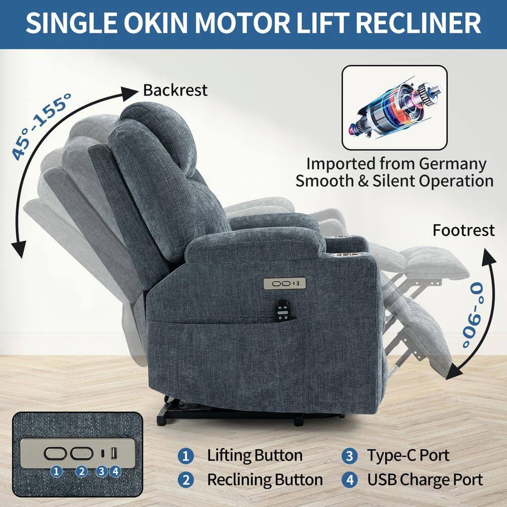 SINGLE OKIN MOTOR LIFT RECLINER

- Backrest: 45°-155°
- Footrest: 0°-60°

Imported from Germany
Smooth & Silent Operation

1. Lifting Button
2. Reclining Button
3. Type-C Port
4. USB Charge Port