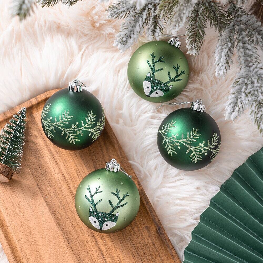 Back. OrnamentallyYou - Unique Spruce Leaf and Woodland Deer Patterned Christmas Bauble Ball Set of Four - Multi-colored.